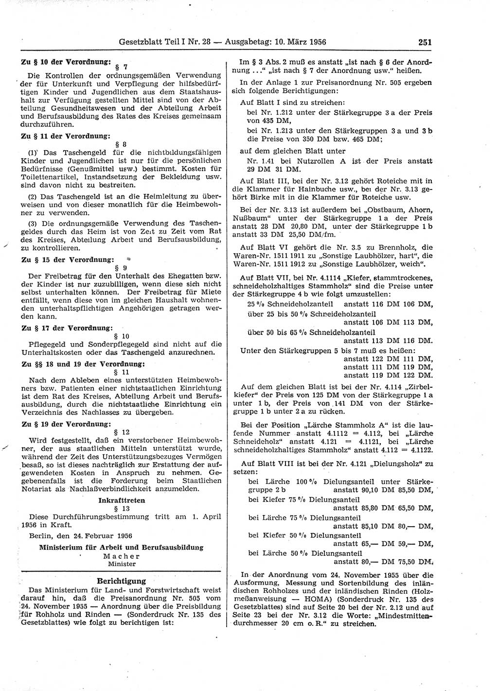 Gesetzblatt (GBl.) der Deutschen Demokratischen Republik (DDR) Teil Ⅰ 1956, Seite 251 (GBl. DDR Ⅰ 1956, S. 251)