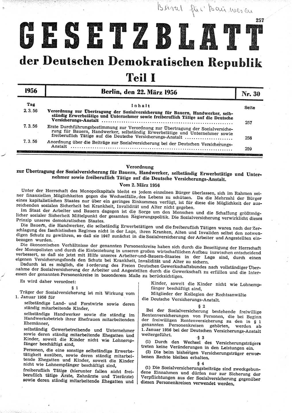 Gesetzblatt (GBl.) der Deutschen Demokratischen Republik (DDR) Teil Ⅰ 1956, Seite 257 (GBl. DDR Ⅰ 1956, S. 257)
