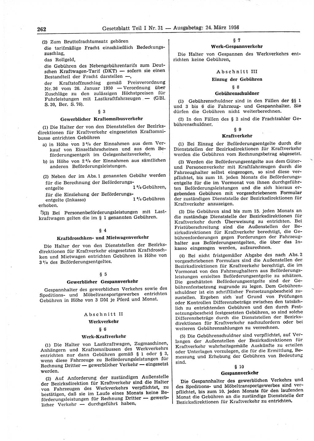 Gesetzblatt (GBl.) der Deutschen Demokratischen Republik (DDR) Teil Ⅰ 1956, Seite 262 (GBl. DDR Ⅰ 1956, S. 262)