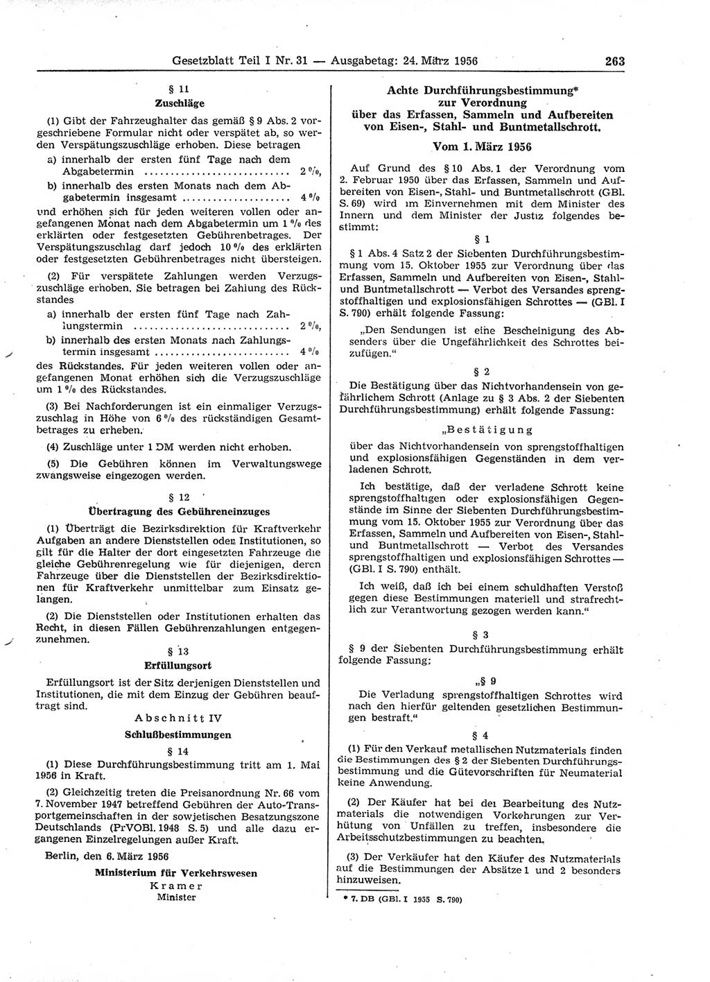 Gesetzblatt (GBl.) der Deutschen Demokratischen Republik (DDR) Teil Ⅰ 1956, Seite 263 (GBl. DDR Ⅰ 1956, S. 263)