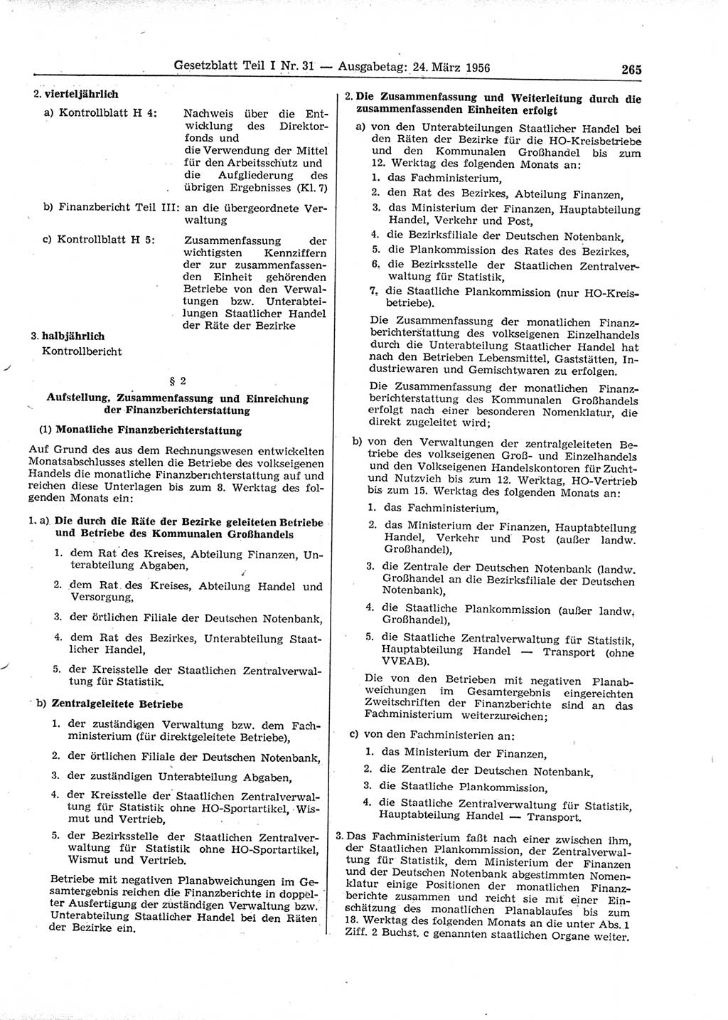 Gesetzblatt (GBl.) der Deutschen Demokratischen Republik (DDR) Teil Ⅰ 1956, Seite 265 (GBl. DDR Ⅰ 1956, S. 265)