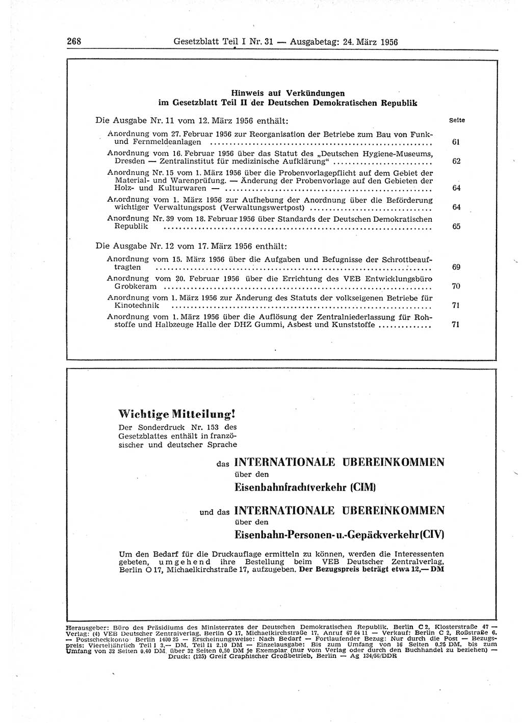 Gesetzblatt (GBl.) der Deutschen Demokratischen Republik (DDR) Teil Ⅰ 1956, Seite 268 (GBl. DDR Ⅰ 1956, S. 268)
