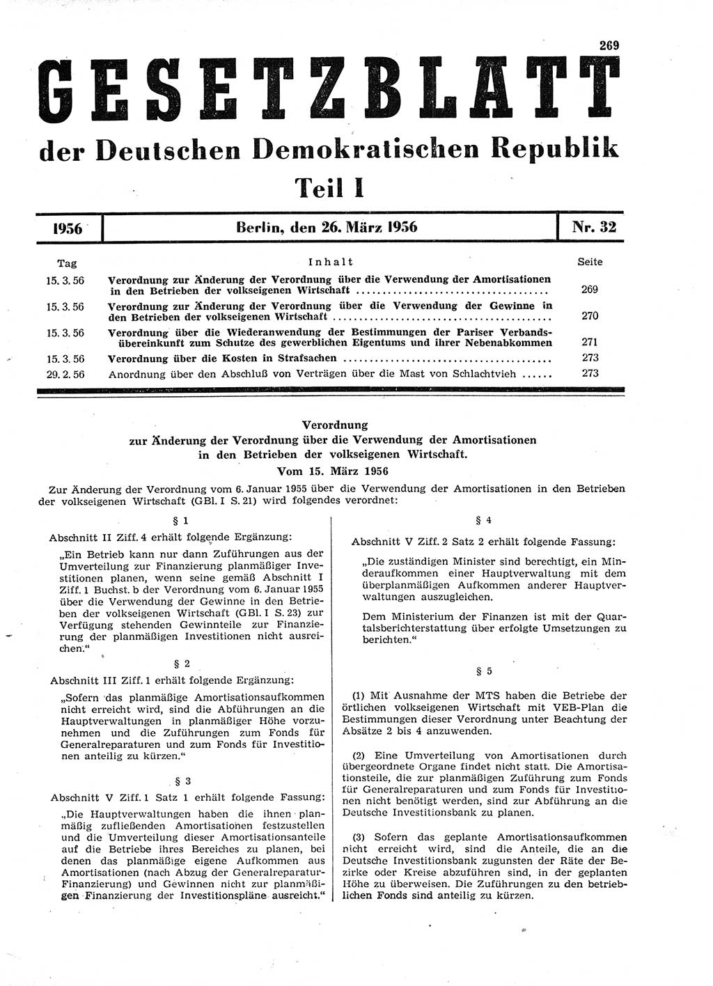 Gesetzblatt (GBl.) der Deutschen Demokratischen Republik (DDR) Teil Ⅰ 1956, Seite 269 (GBl. DDR Ⅰ 1956, S. 269)