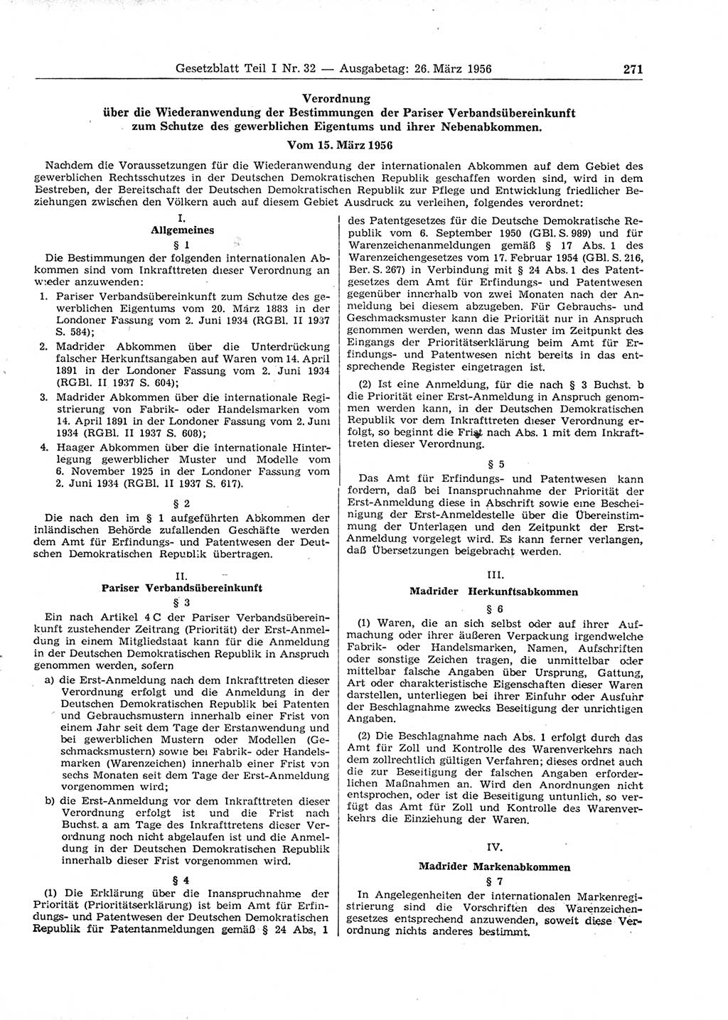 Gesetzblatt (GBl.) der Deutschen Demokratischen Republik (DDR) Teil Ⅰ 1956, Seite 271 (GBl. DDR Ⅰ 1956, S. 271)