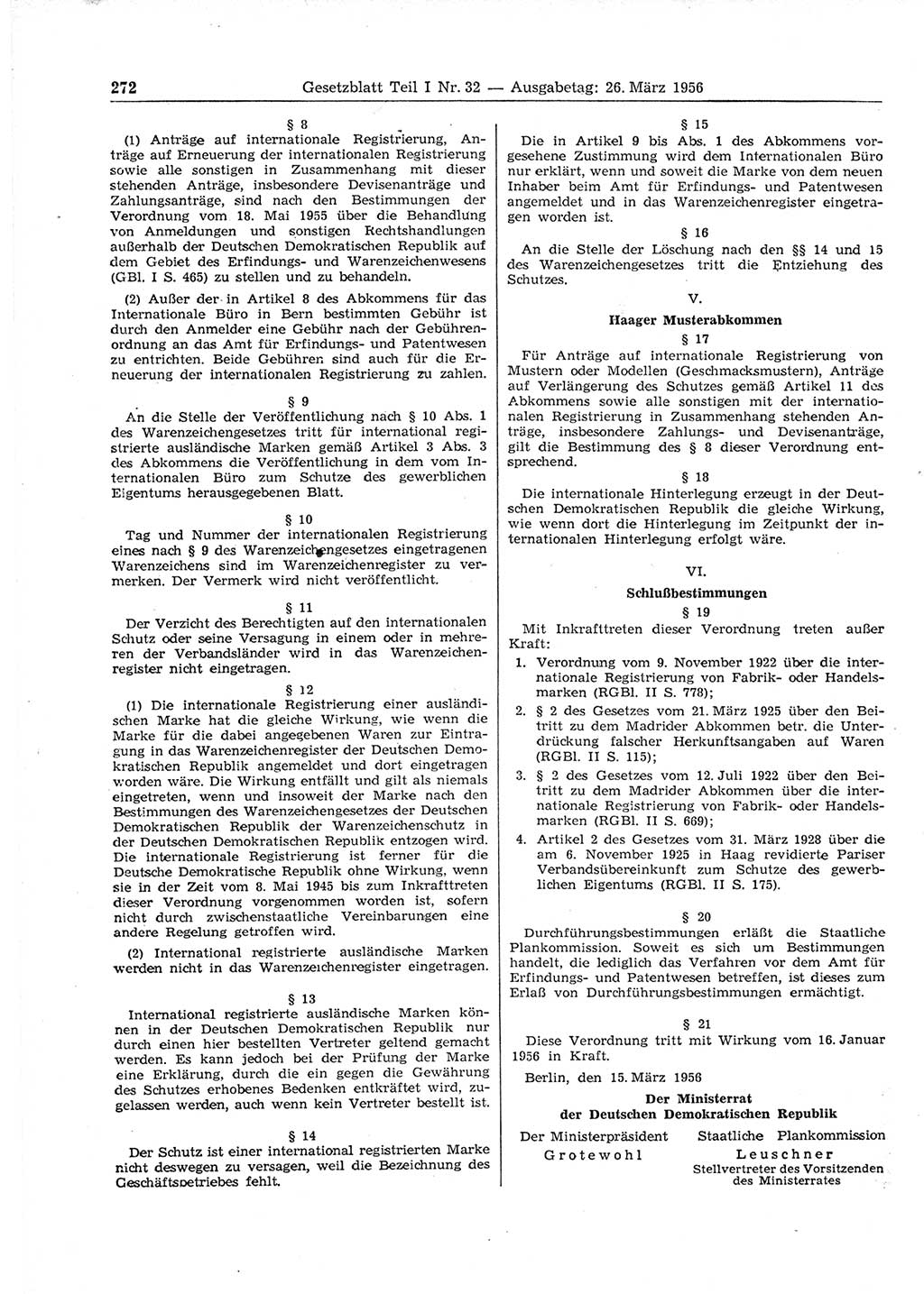 Gesetzblatt (GBl.) der Deutschen Demokratischen Republik (DDR) Teil Ⅰ 1956, Seite 272 (GBl. DDR Ⅰ 1956, S. 272)