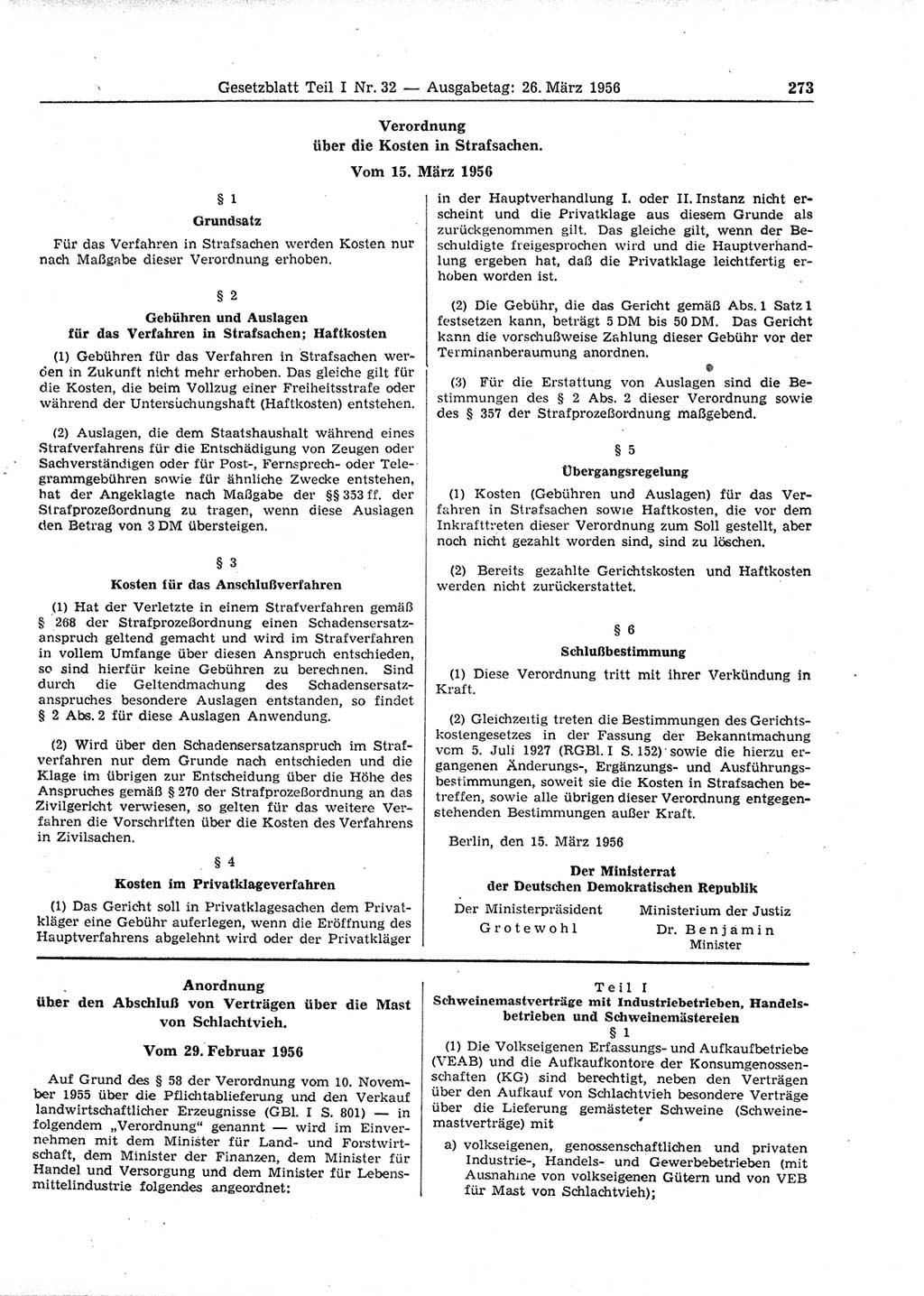 Gesetzblatt (GBl.) der Deutschen Demokratischen Republik (DDR) Teil Ⅰ 1956, Seite 273 (GBl. DDR Ⅰ 1956, S. 273)