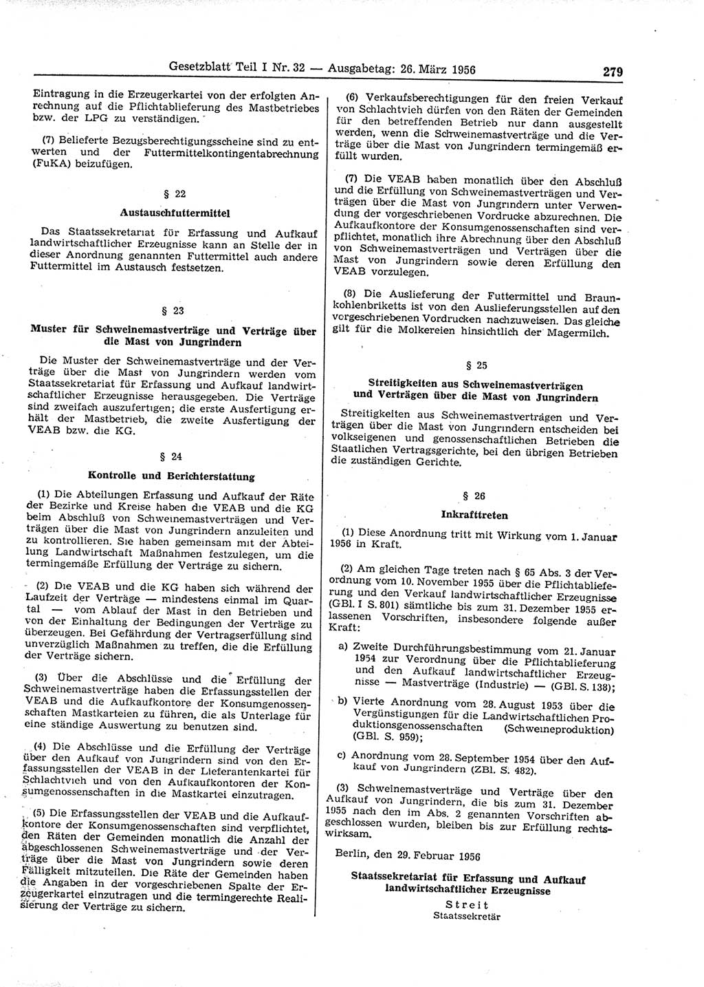 Gesetzblatt (GBl.) der Deutschen Demokratischen Republik (DDR) Teil Ⅰ 1956, Seite 279 (GBl. DDR Ⅰ 1956, S. 279)