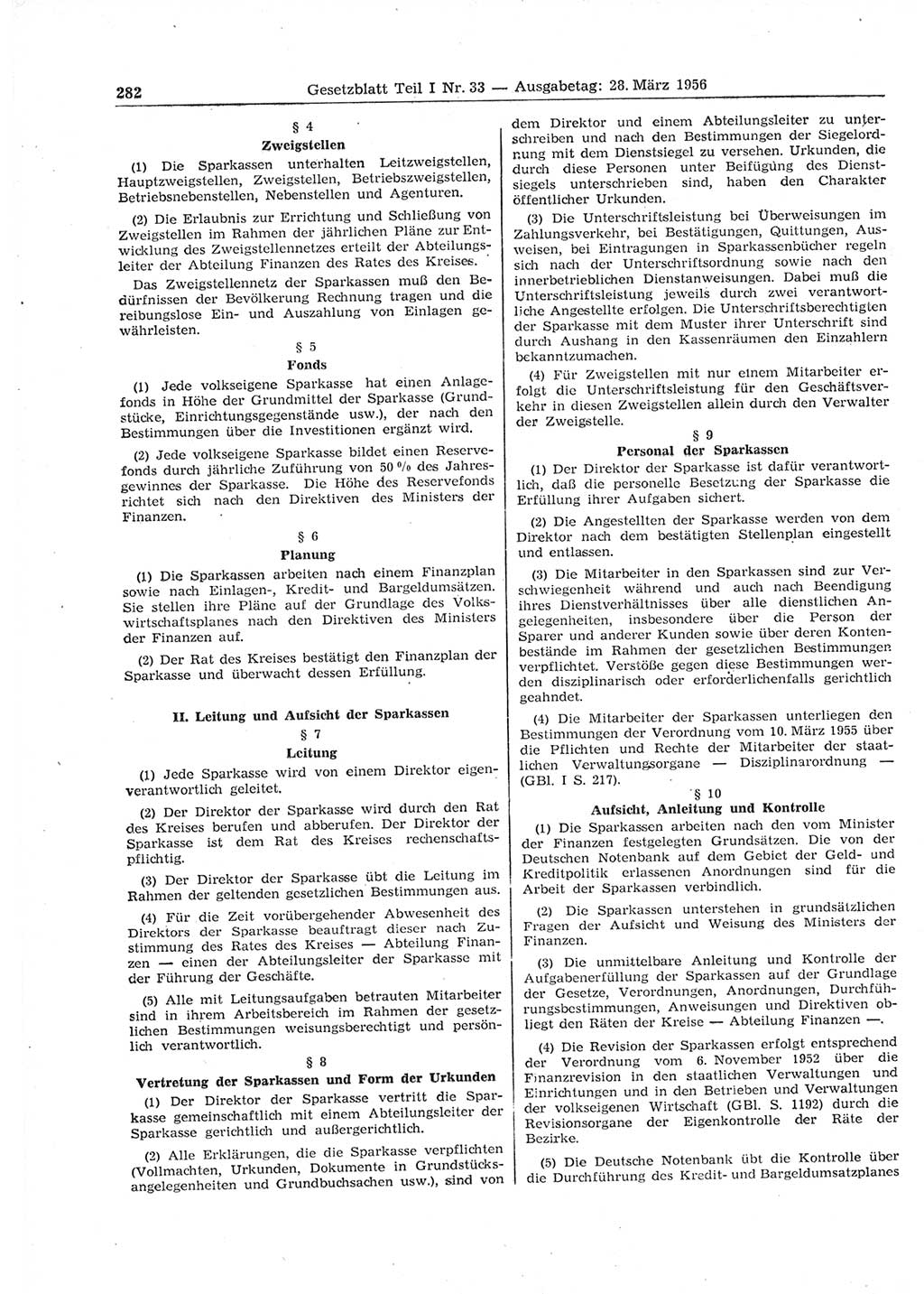 Gesetzblatt (GBl.) der Deutschen Demokratischen Republik (DDR) Teil Ⅰ 1956, Seite 282 (GBl. DDR Ⅰ 1956, S. 282)