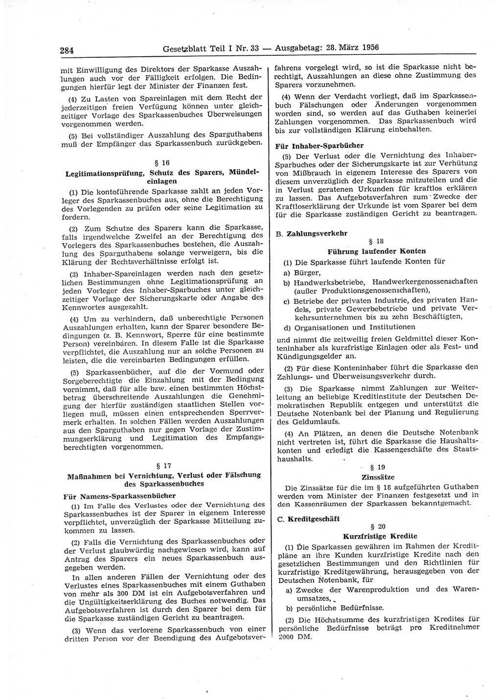 Gesetzblatt (GBl.) der Deutschen Demokratischen Republik (DDR) Teil Ⅰ 1956, Seite 284 (GBl. DDR Ⅰ 1956, S. 284)