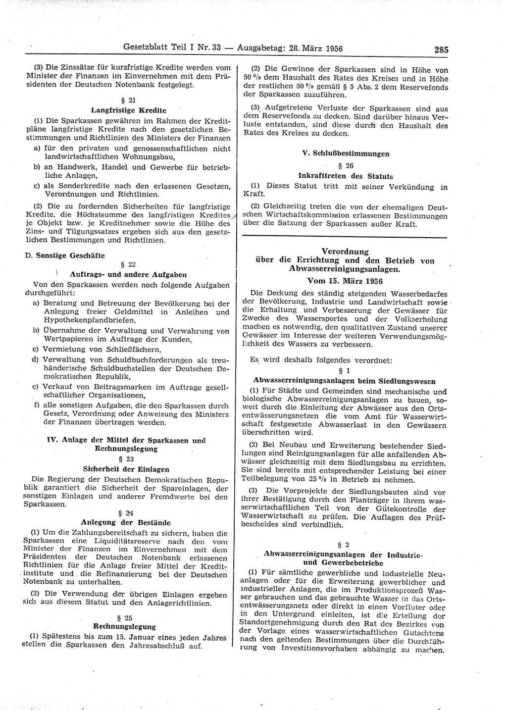 Gesetzblatt (GBl.) der Deutschen Demokratischen Republik (DDR) Teil Ⅰ 1956, Seite 285 (GBl. DDR Ⅰ 1956, S. 285)
