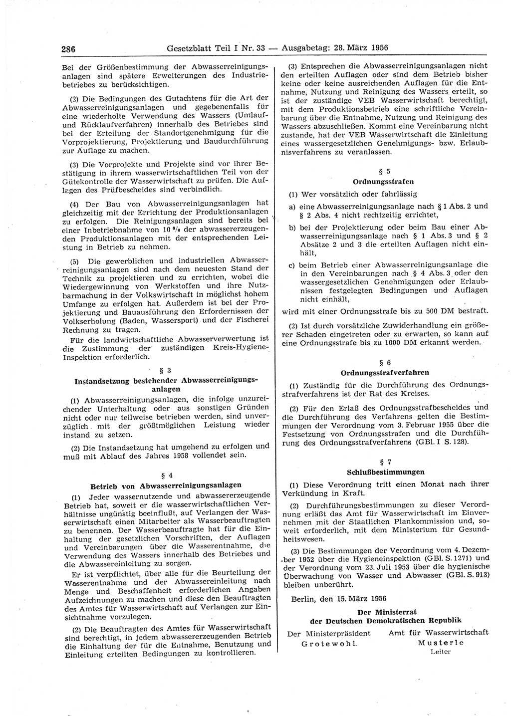 Gesetzblatt (GBl.) der Deutschen Demokratischen Republik (DDR) Teil Ⅰ 1956, Seite 286 (GBl. DDR Ⅰ 1956, S. 286)