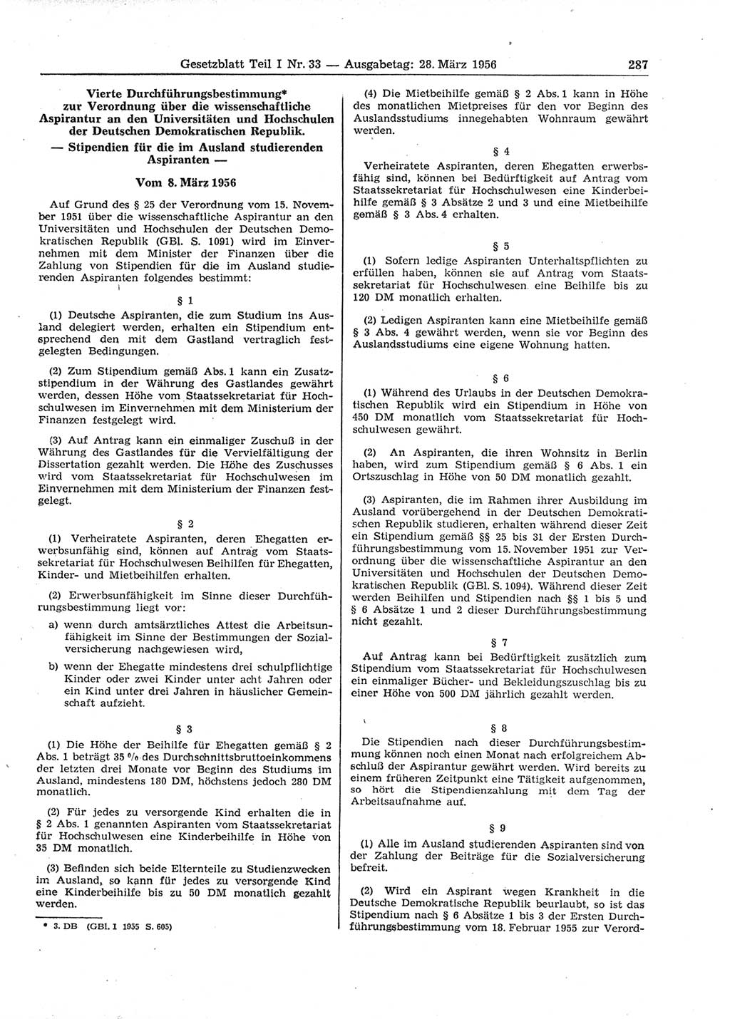 Gesetzblatt (GBl.) der Deutschen Demokratischen Republik (DDR) Teil Ⅰ 1956, Seite 287 (GBl. DDR Ⅰ 1956, S. 287)