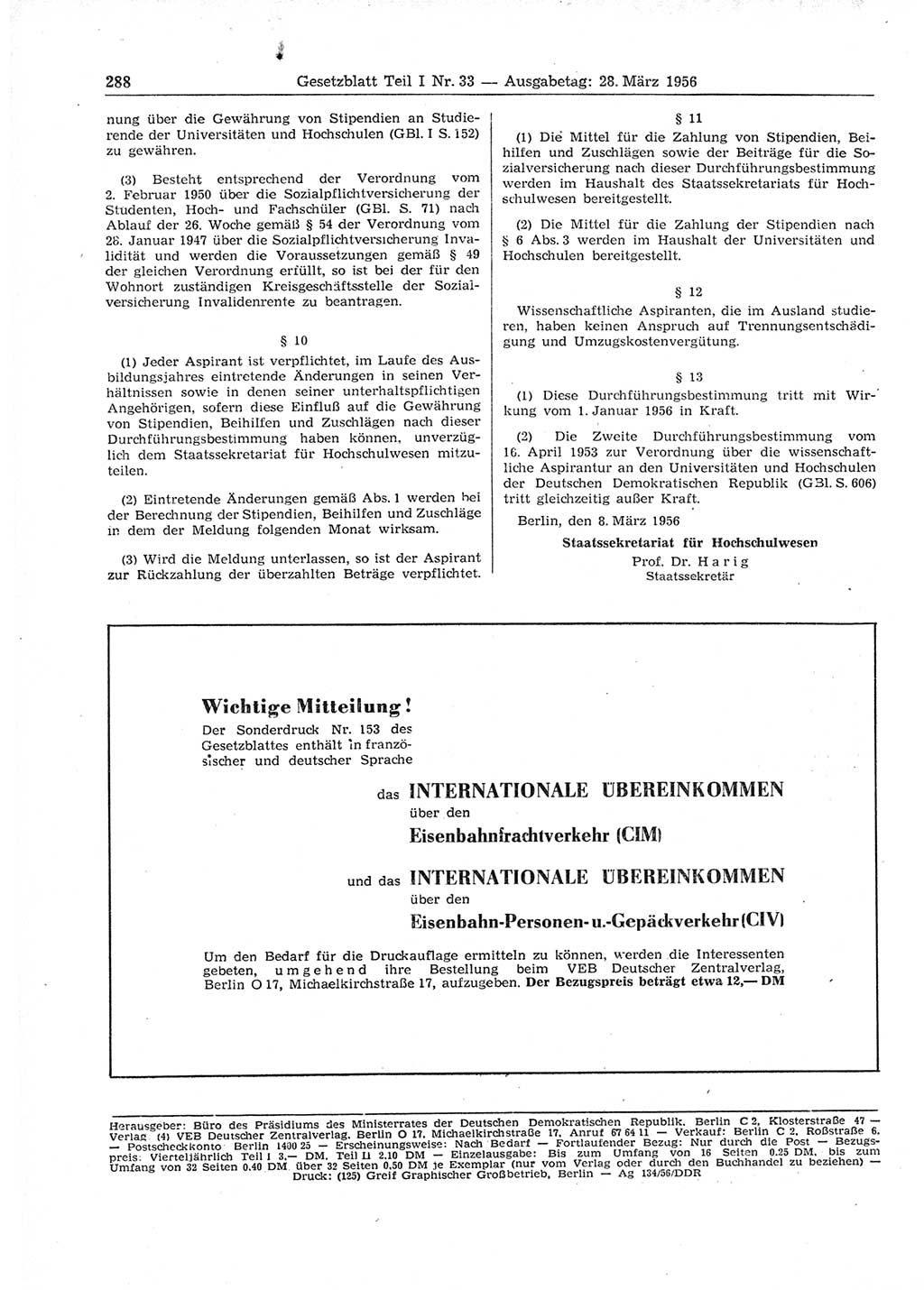 Gesetzblatt (GBl.) der Deutschen Demokratischen Republik (DDR) Teil Ⅰ 1956, Seite 288 (GBl. DDR Ⅰ 1956, S. 288)