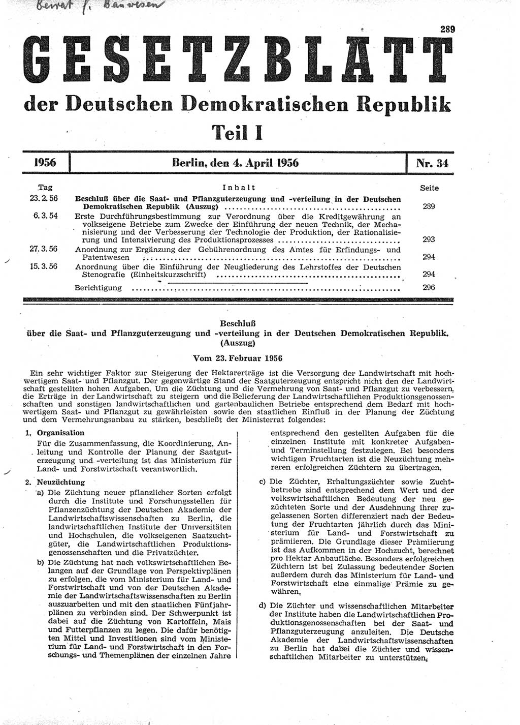 Gesetzblatt (GBl.) der Deutschen Demokratischen Republik (DDR) Teil Ⅰ 1956, Seite 289 (GBl. DDR Ⅰ 1956, S. 289)