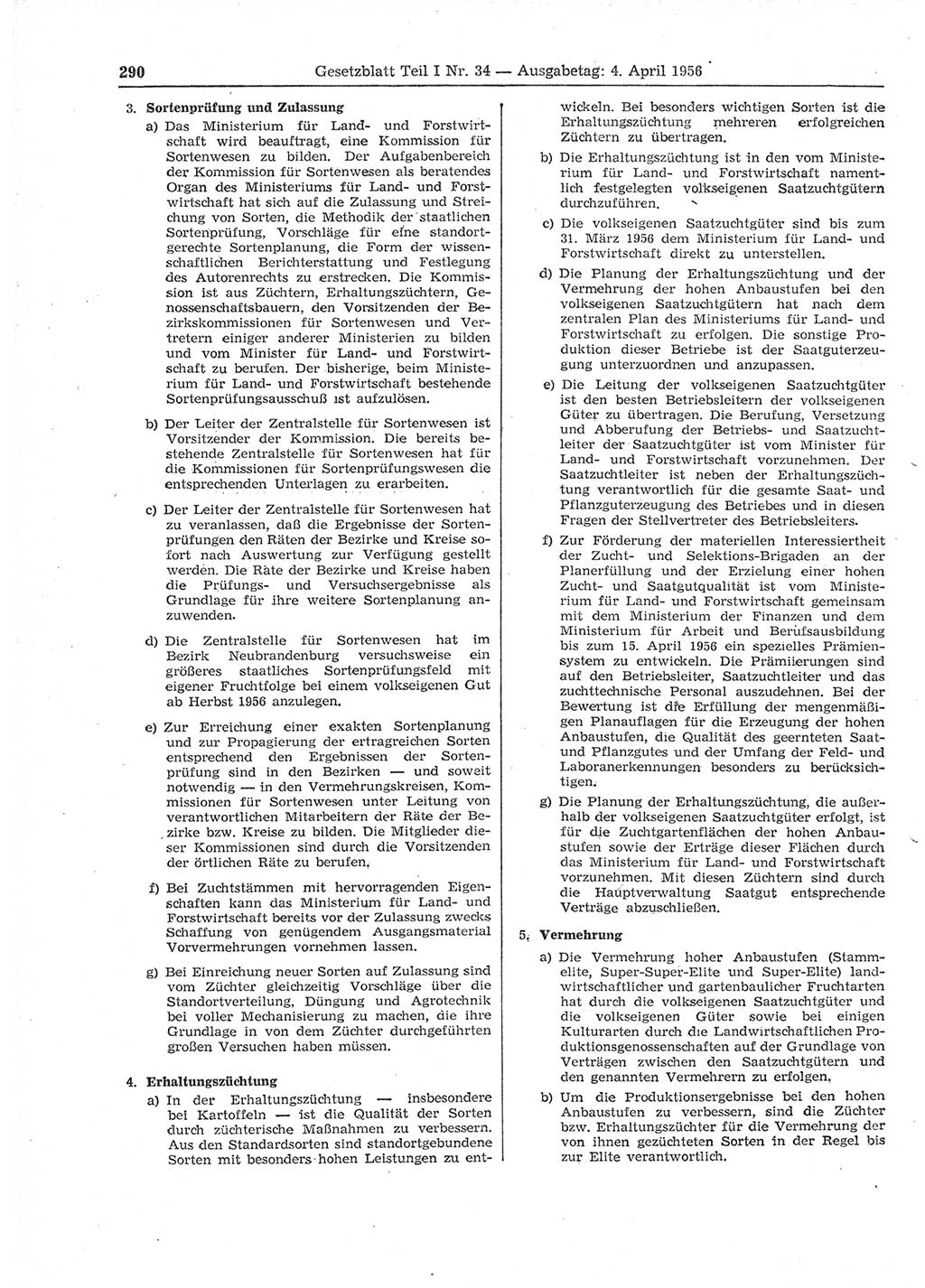 Gesetzblatt (GBl.) der Deutschen Demokratischen Republik (DDR) Teil Ⅰ 1956, Seite 290 (GBl. DDR Ⅰ 1956, S. 290)