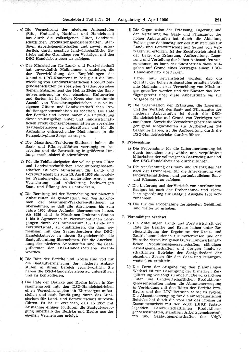 Gesetzblatt (GBl.) der Deutschen Demokratischen Republik (DDR) Teil â… 1956, Seite 291 (GBl. DDR â… 1956, S. 291)