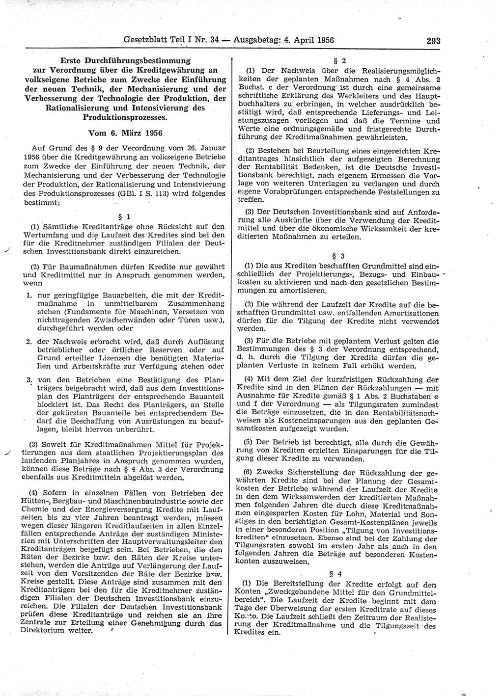 Gesetzblatt (GBl.) der Deutschen Demokratischen Republik (DDR) Teil Ⅰ 1956, Seite 293 (GBl. DDR Ⅰ 1956, S. 293)