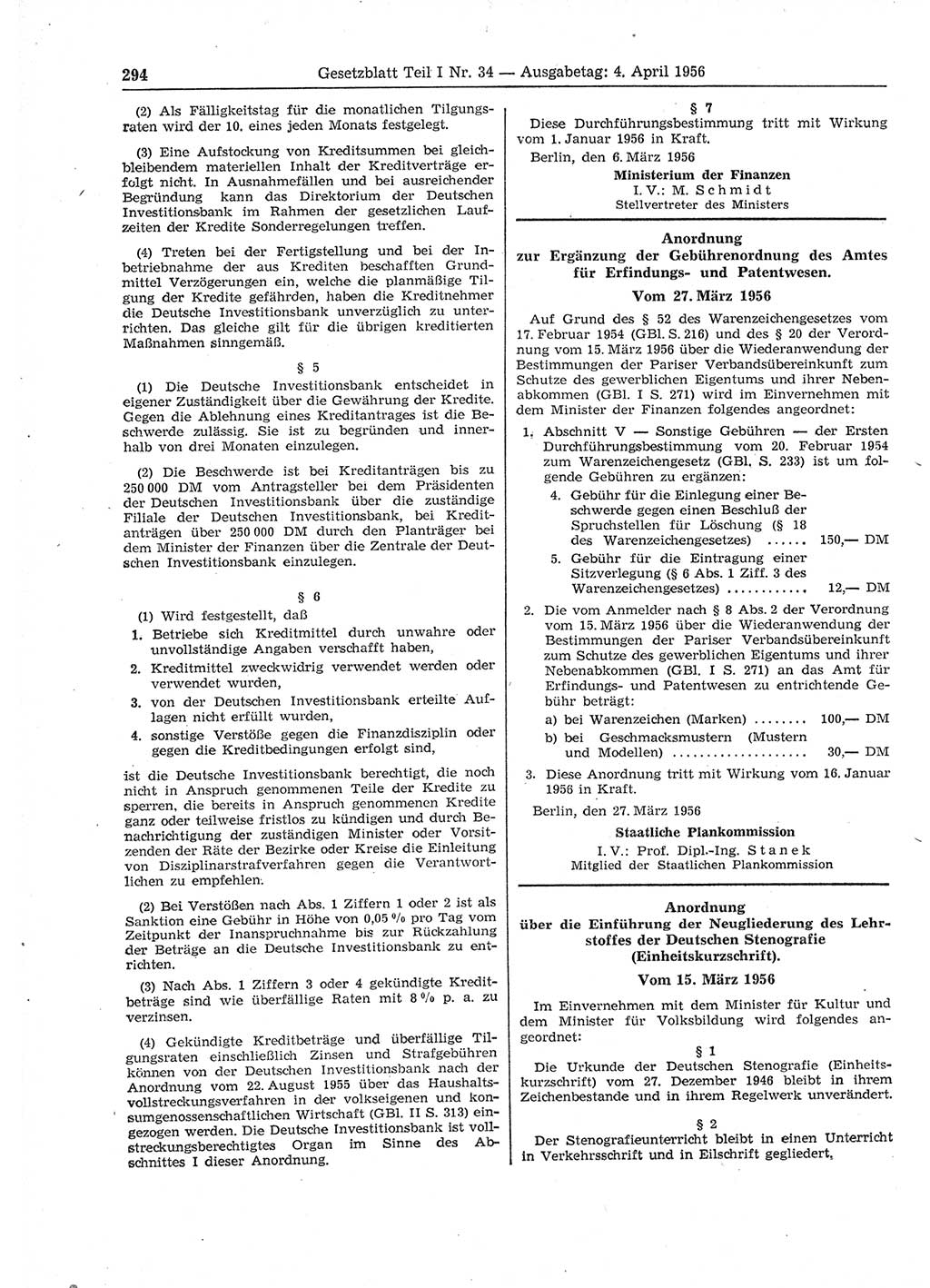Gesetzblatt (GBl.) der Deutschen Demokratischen Republik (DDR) Teil Ⅰ 1956, Seite 294 (GBl. DDR Ⅰ 1956, S. 294)