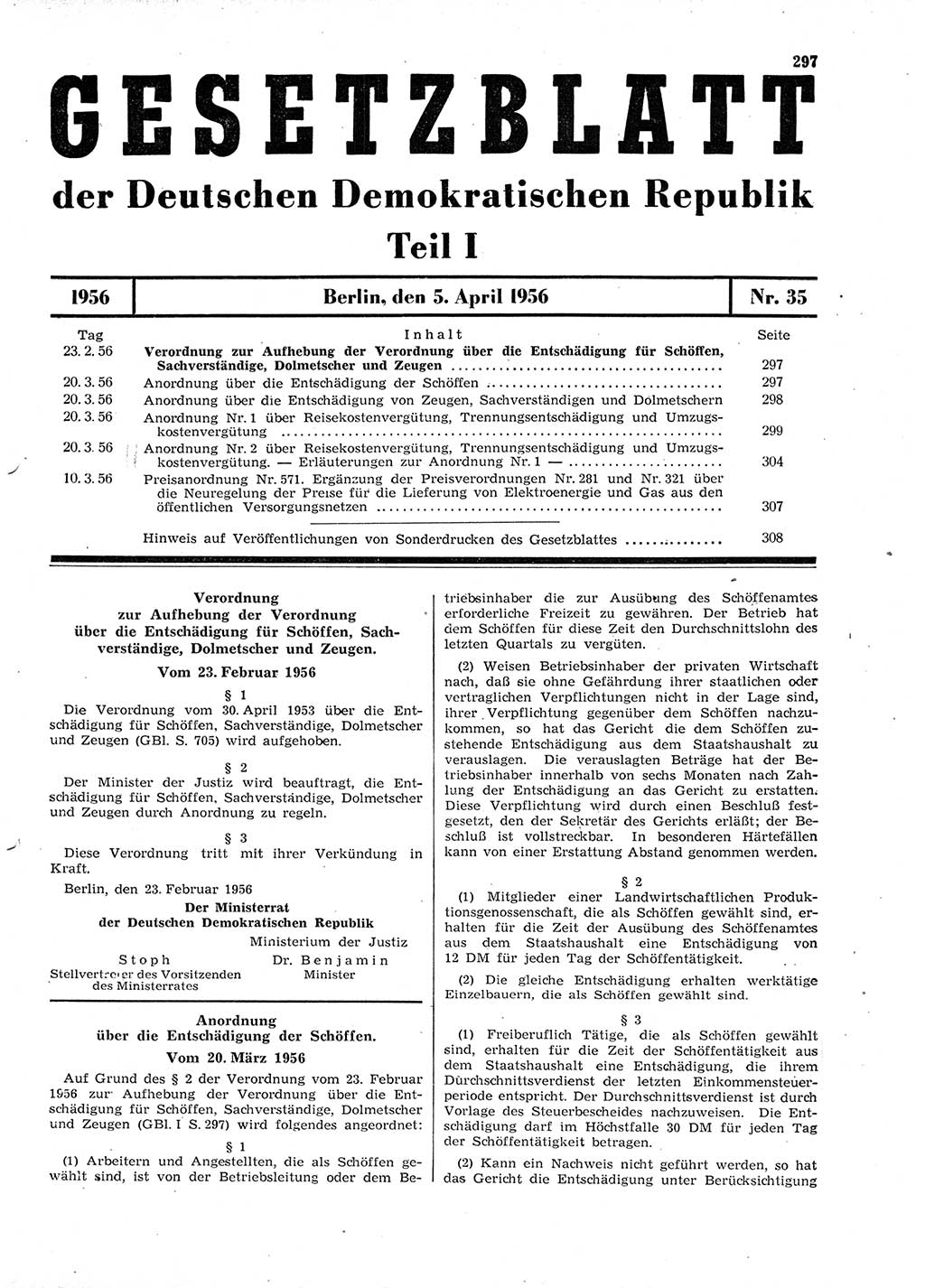 Gesetzblatt (GBl.) der Deutschen Demokratischen Republik (DDR) Teil Ⅰ 1956, Seite 297 (GBl. DDR Ⅰ 1956, S. 297)