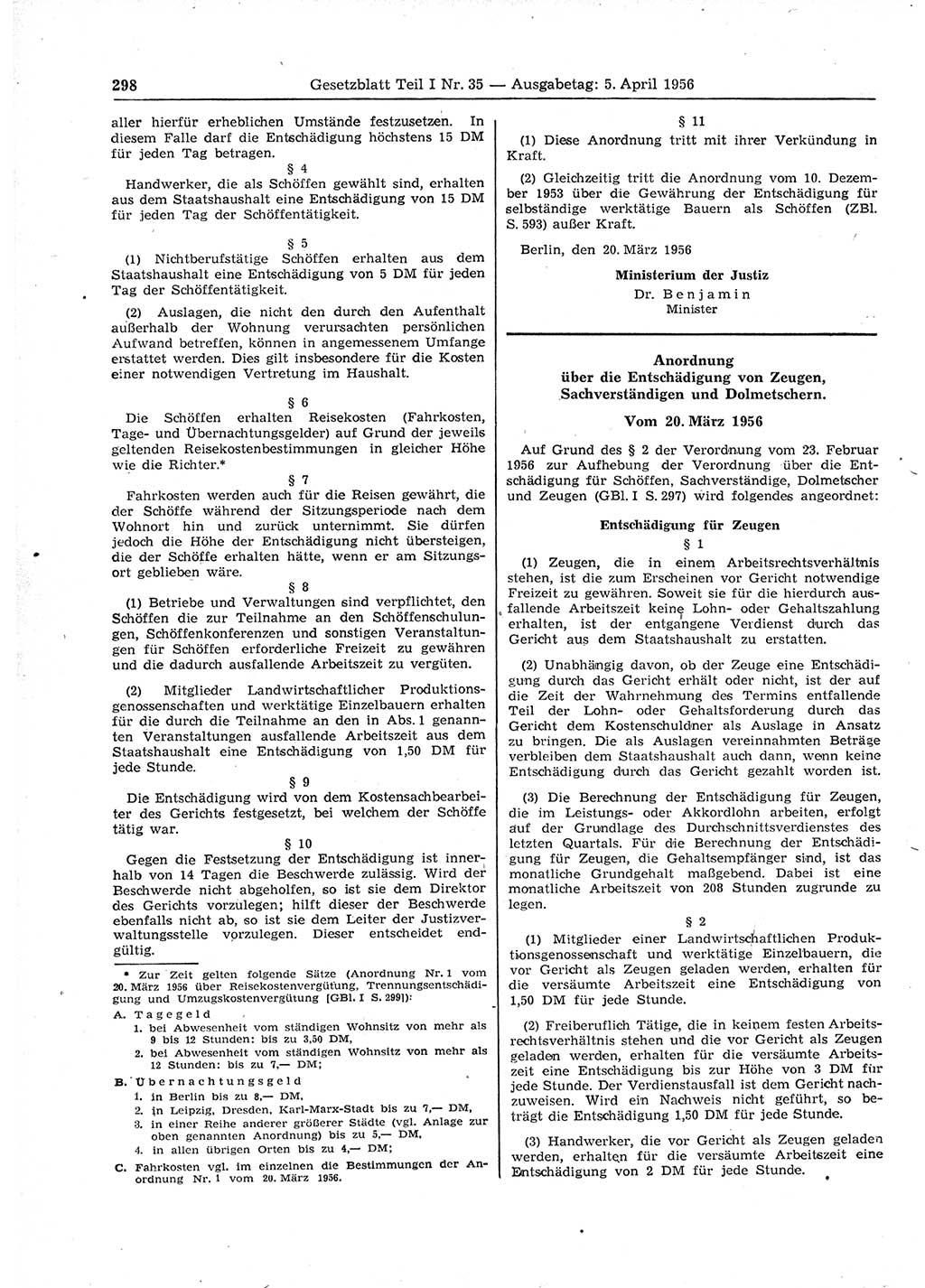 Gesetzblatt (GBl.) der Deutschen Demokratischen Republik (DDR) Teil Ⅰ 1956, Seite 298 (GBl. DDR Ⅰ 1956, S. 298)