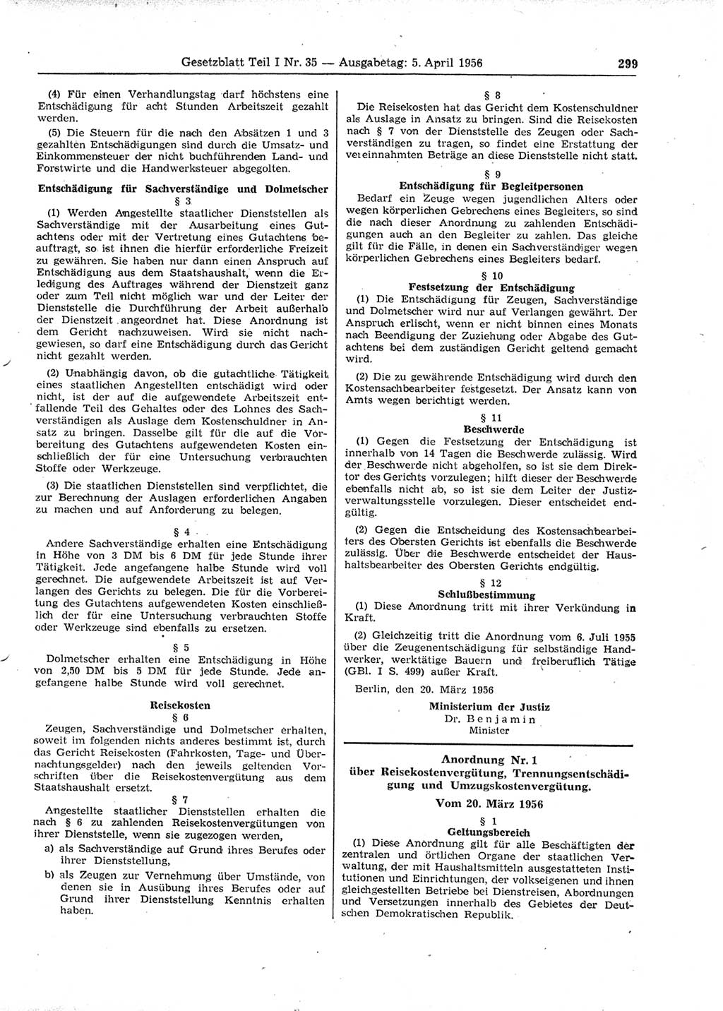 Gesetzblatt (GBl.) der Deutschen Demokratischen Republik (DDR) Teil Ⅰ 1956, Seite 299 (GBl. DDR Ⅰ 1956, S. 299)