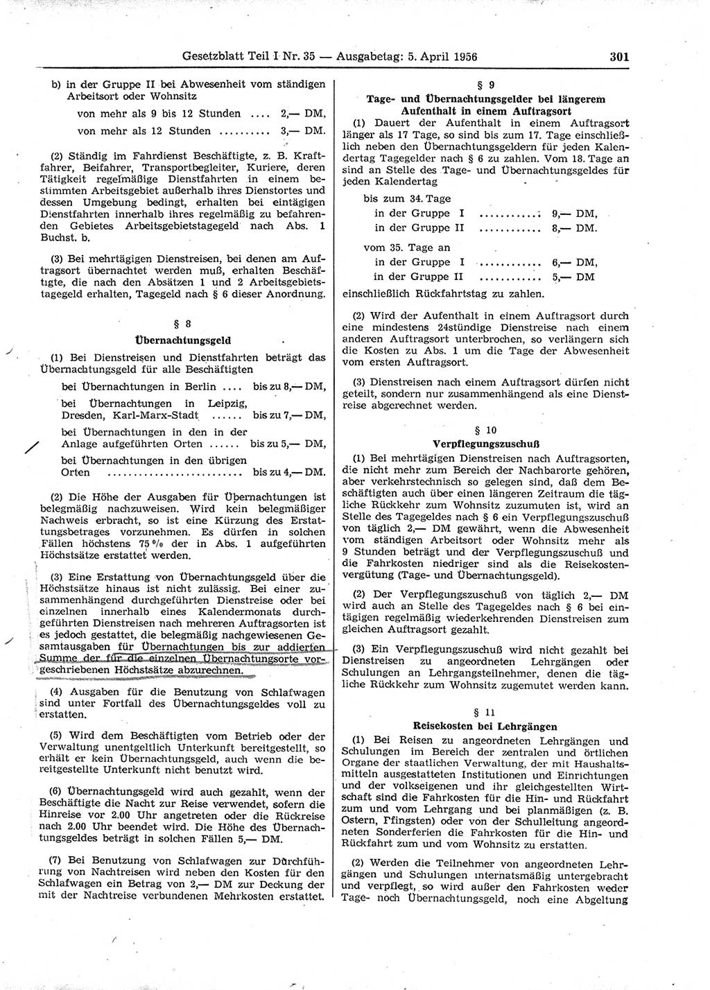 Gesetzblatt (GBl.) der Deutschen Demokratischen Republik (DDR) Teil Ⅰ 1956, Seite 301 (GBl. DDR Ⅰ 1956, S. 301)