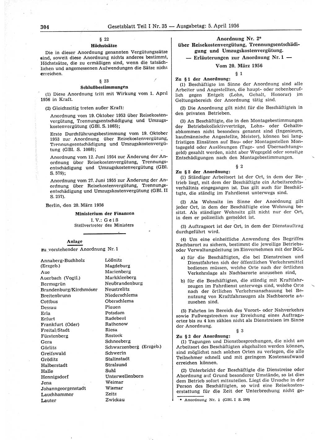 Gesetzblatt (GBl.) der Deutschen Demokratischen Republik (DDR) Teil Ⅰ 1956, Seite 304 (GBl. DDR Ⅰ 1956, S. 304)