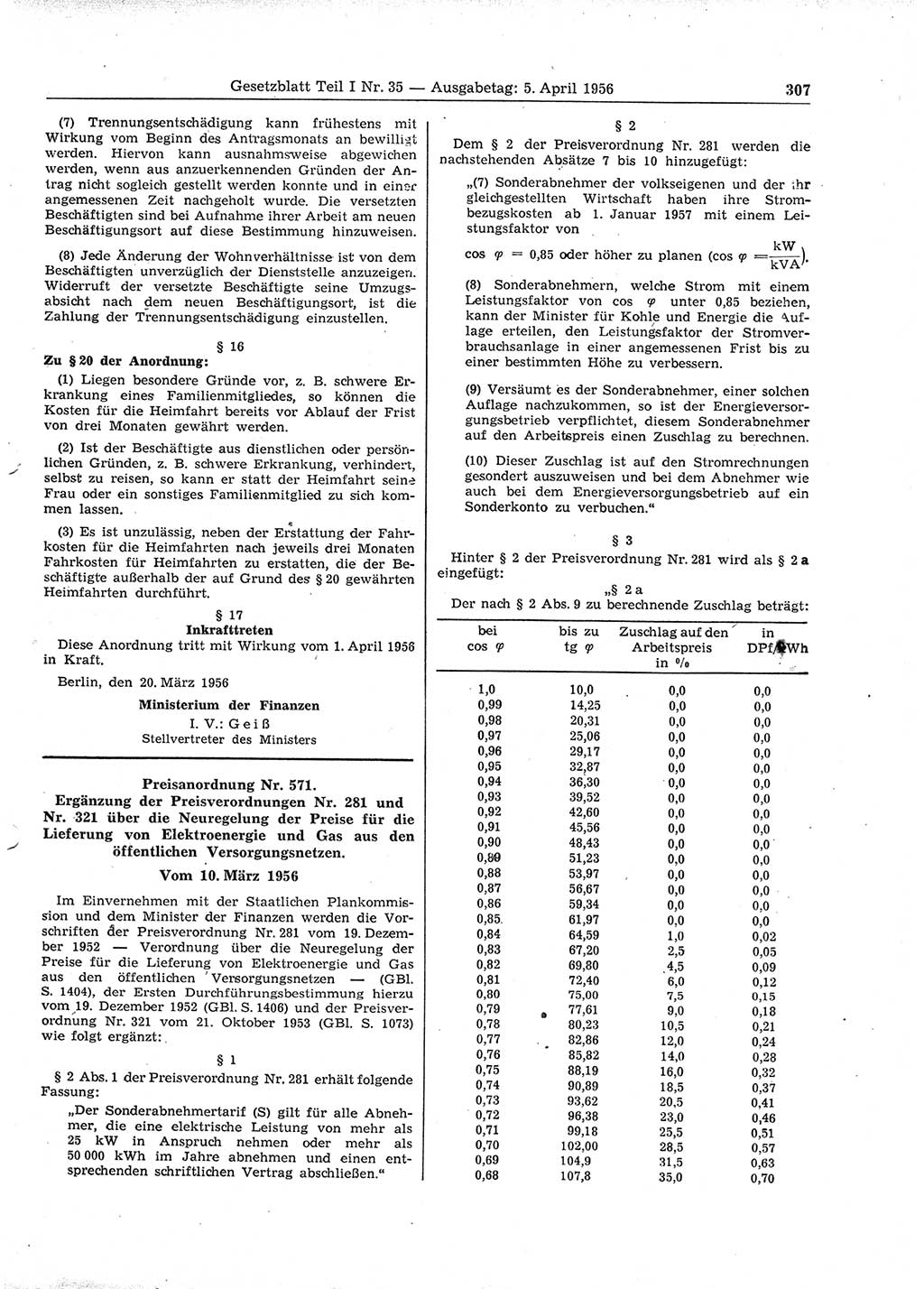 Gesetzblatt (GBl.) der Deutschen Demokratischen Republik (DDR) Teil Ⅰ 1956, Seite 307 (GBl. DDR Ⅰ 1956, S. 307)
