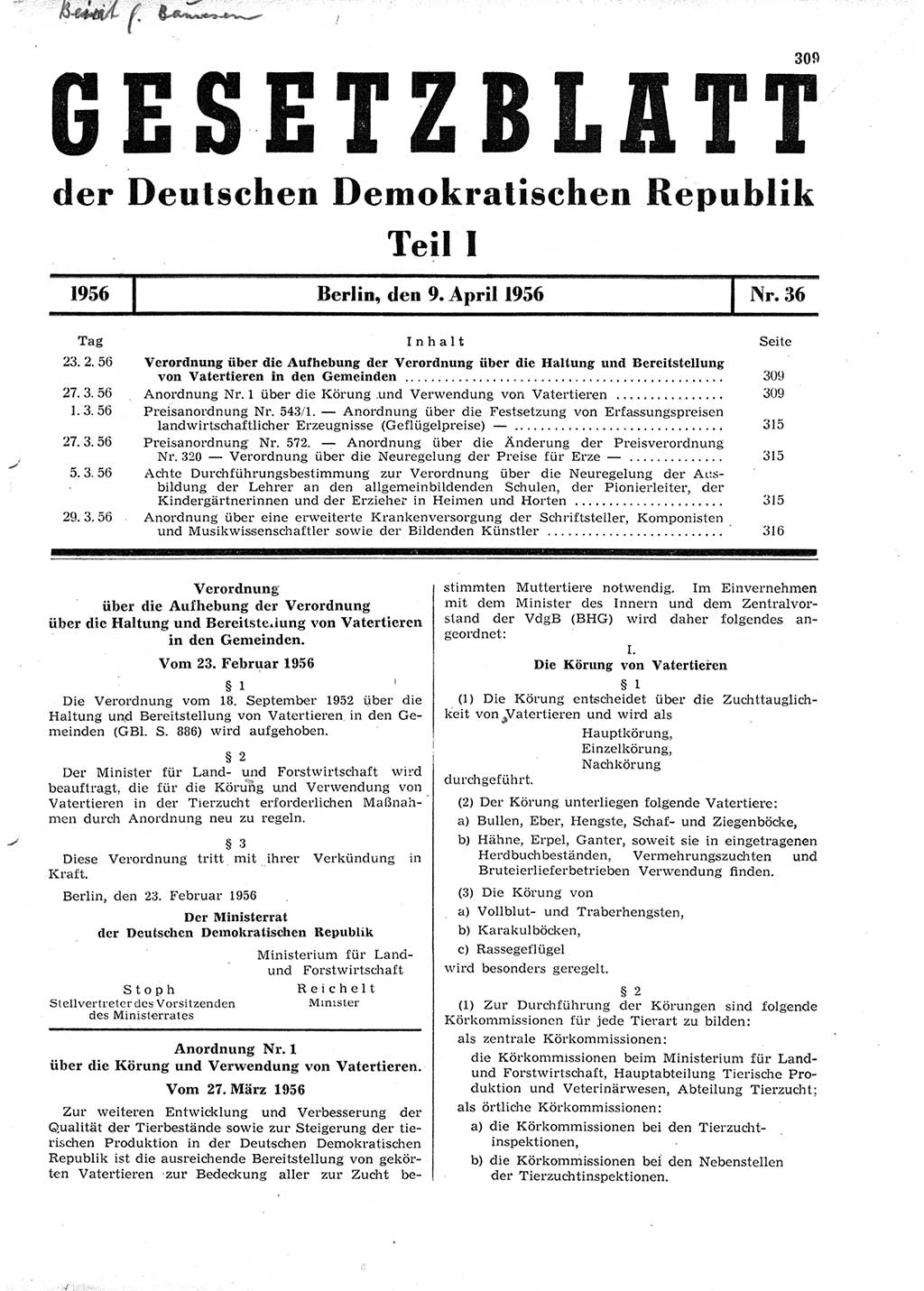 Gesetzblatt (GBl.) der Deutschen Demokratischen Republik (DDR) Teil Ⅰ 1956, Seite 309 (GBl. DDR Ⅰ 1956, S. 309)