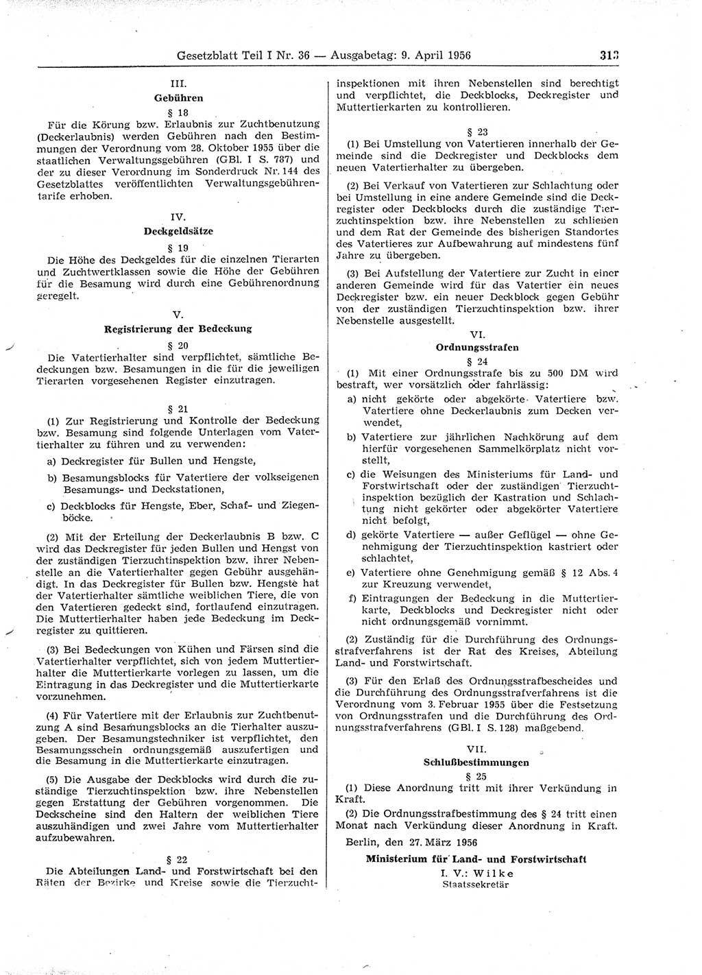 Gesetzblatt (GBl.) der Deutschen Demokratischen Republik (DDR) Teil Ⅰ 1956, Seite 313 (GBl. DDR Ⅰ 1956, S. 313)