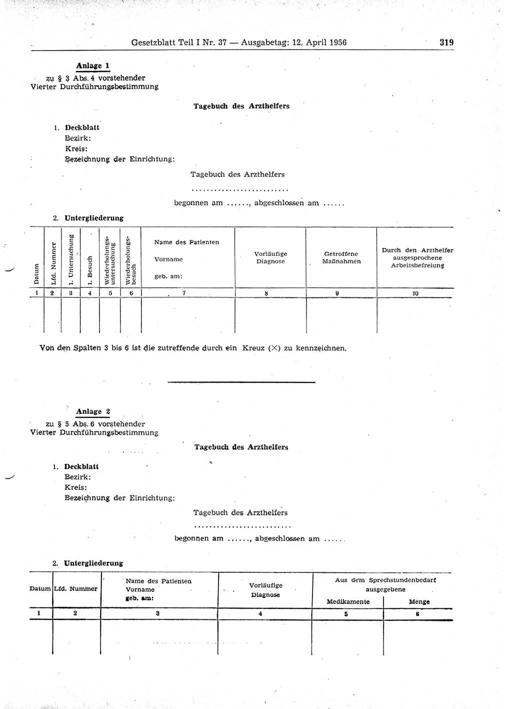 Gesetzblatt (GBl.) der Deutschen Demokratischen Republik (DDR) Teil Ⅰ 1956, Seite 319 (GBl. DDR Ⅰ 1956, S. 319)