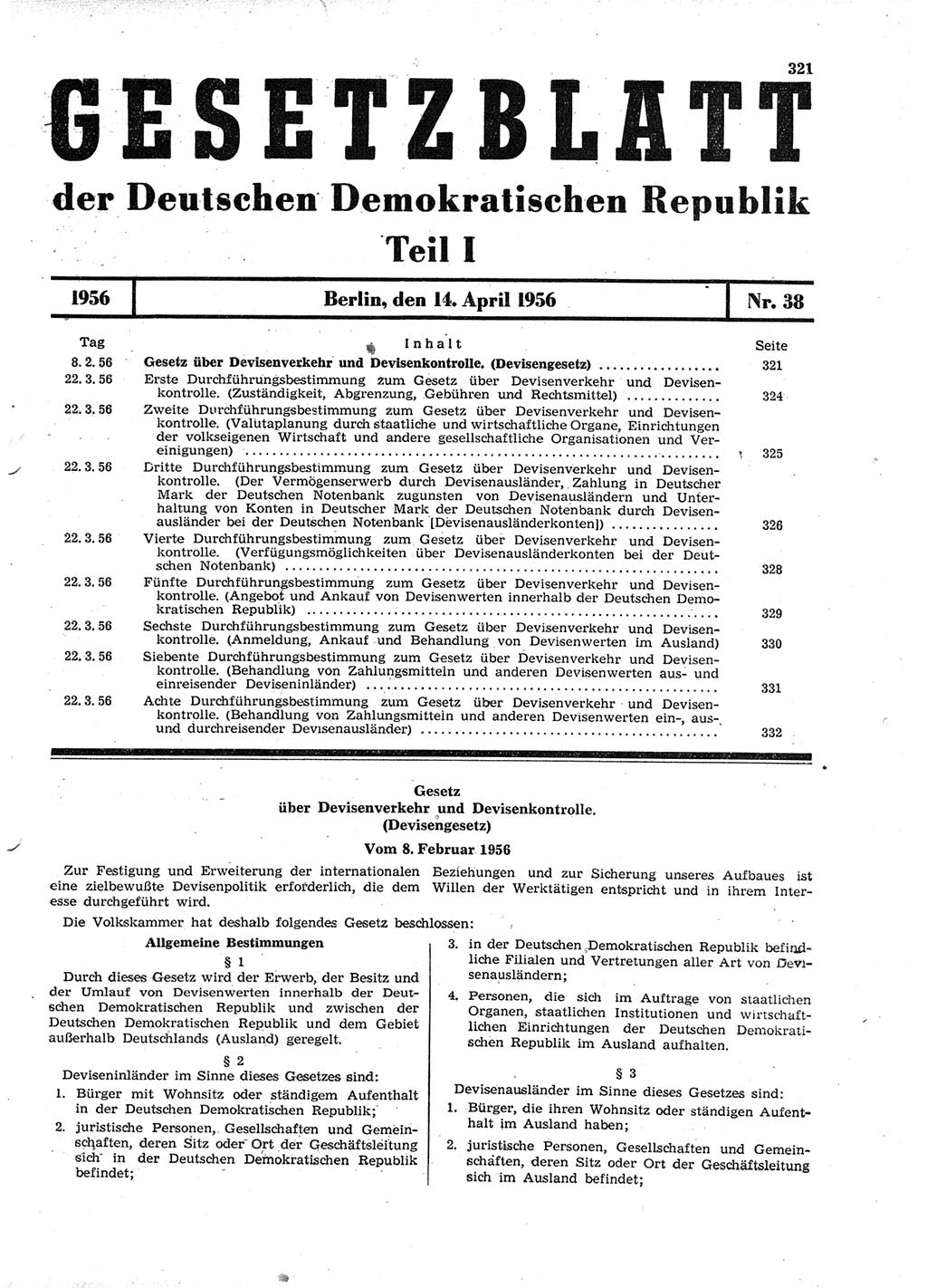 Gesetzblatt (GBl.) der Deutschen Demokratischen Republik (DDR) Teil Ⅰ 1956, Seite 321 (GBl. DDR Ⅰ 1956, S. 321)