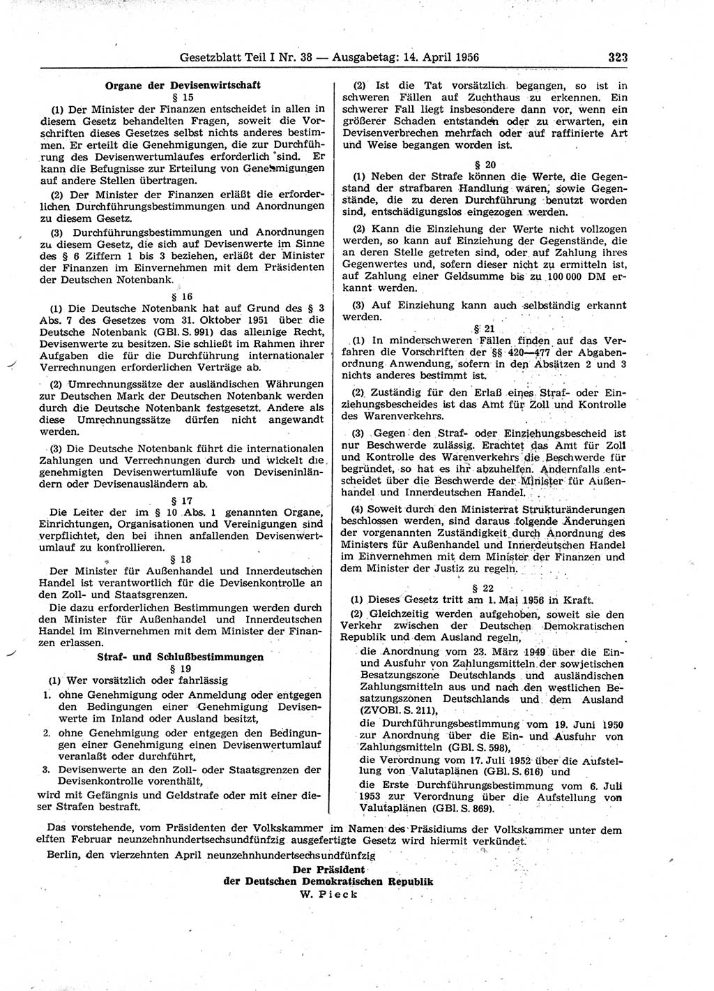 Gesetzblatt (GBl.) der Deutschen Demokratischen Republik (DDR) Teil Ⅰ 1956, Seite 323 (GBl. DDR Ⅰ 1956, S. 323)