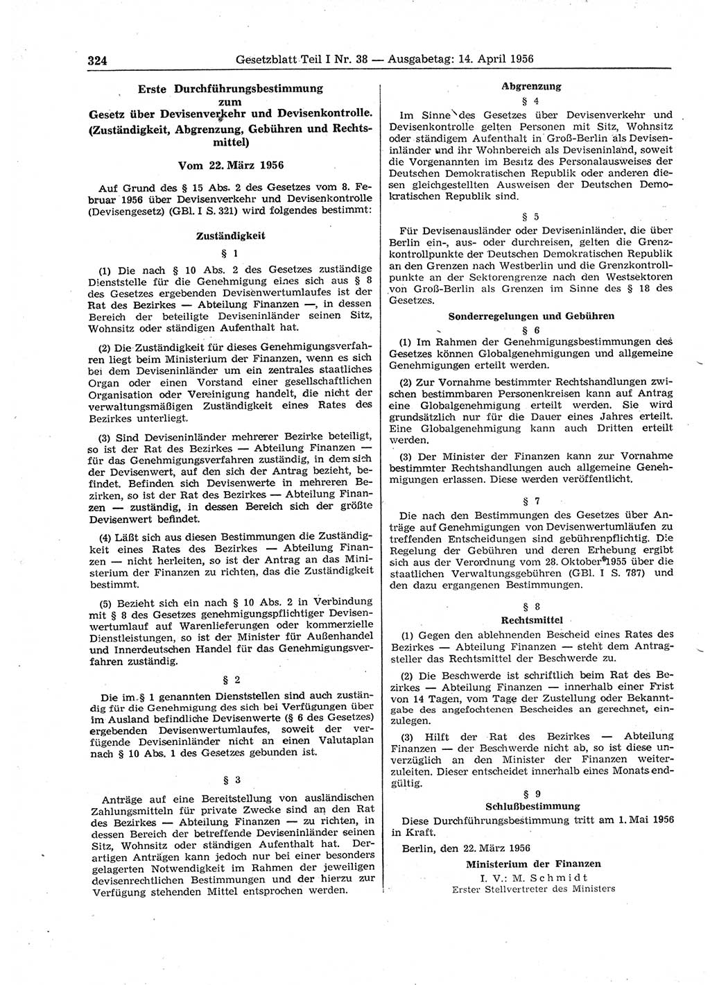 Gesetzblatt (GBl.) der Deutschen Demokratischen Republik (DDR) Teil Ⅰ 1956, Seite 324 (GBl. DDR Ⅰ 1956, S. 324)
