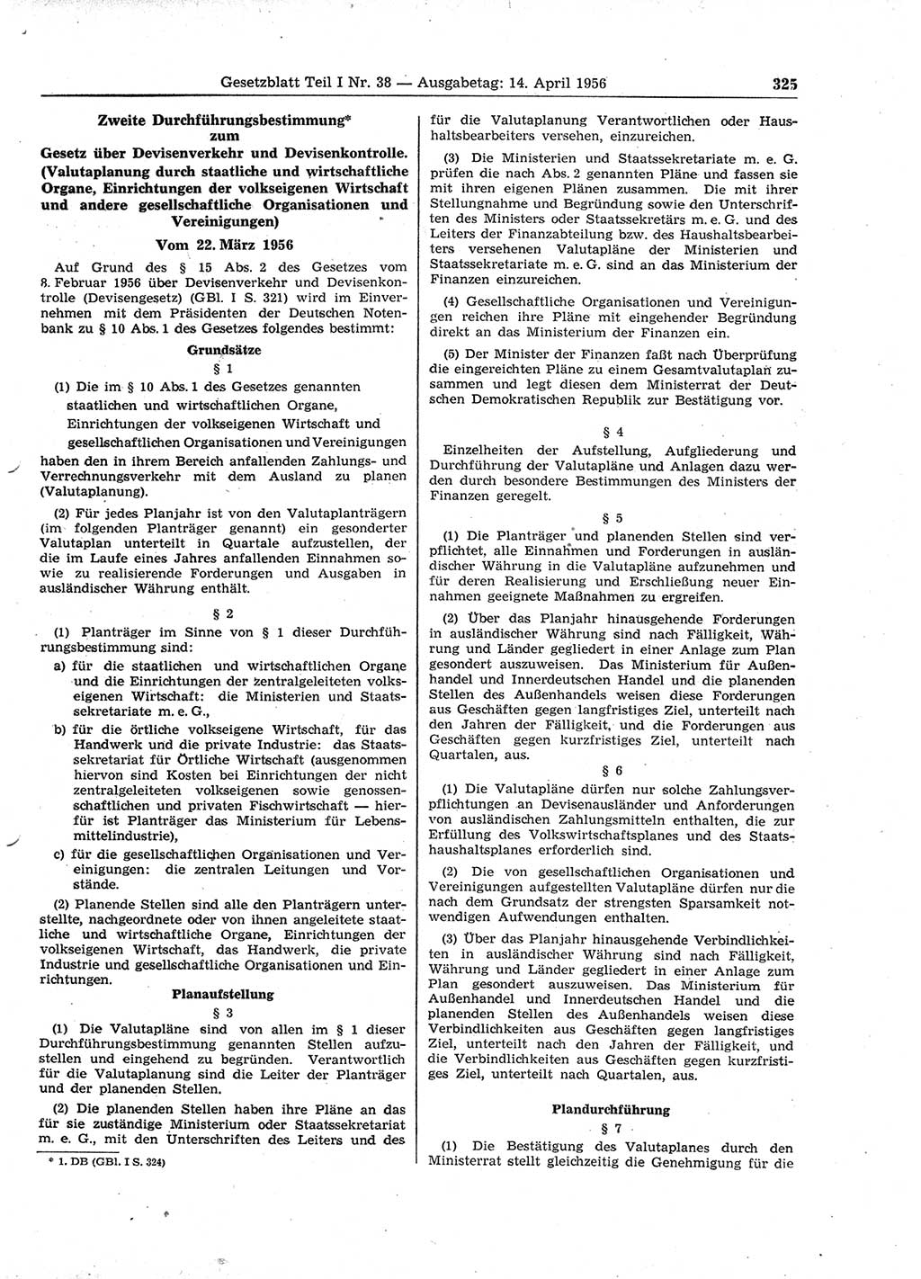 Gesetzblatt (GBl.) der Deutschen Demokratischen Republik (DDR) Teil Ⅰ 1956, Seite 325 (GBl. DDR Ⅰ 1956, S. 325)