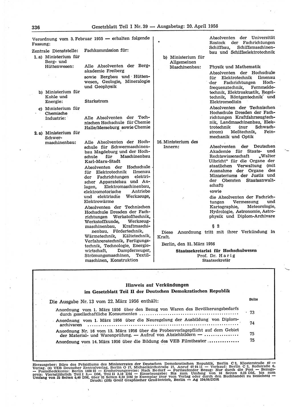 Gesetzblatt (GBl.) der Deutschen Demokratischen Republik (DDR) Teil Ⅰ 1956, Seite 336 (GBl. DDR Ⅰ 1956, S. 336)