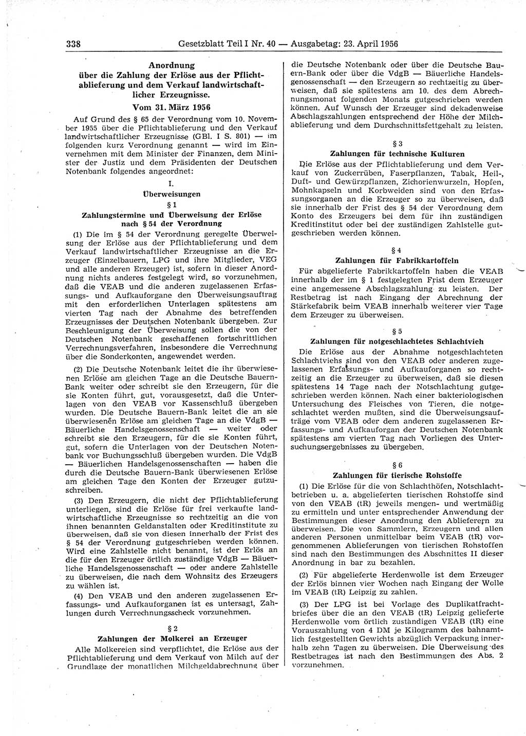 Gesetzblatt (GBl.) der Deutschen Demokratischen Republik (DDR) Teil Ⅰ 1956, Seite 338 (GBl. DDR Ⅰ 1956, S. 338)