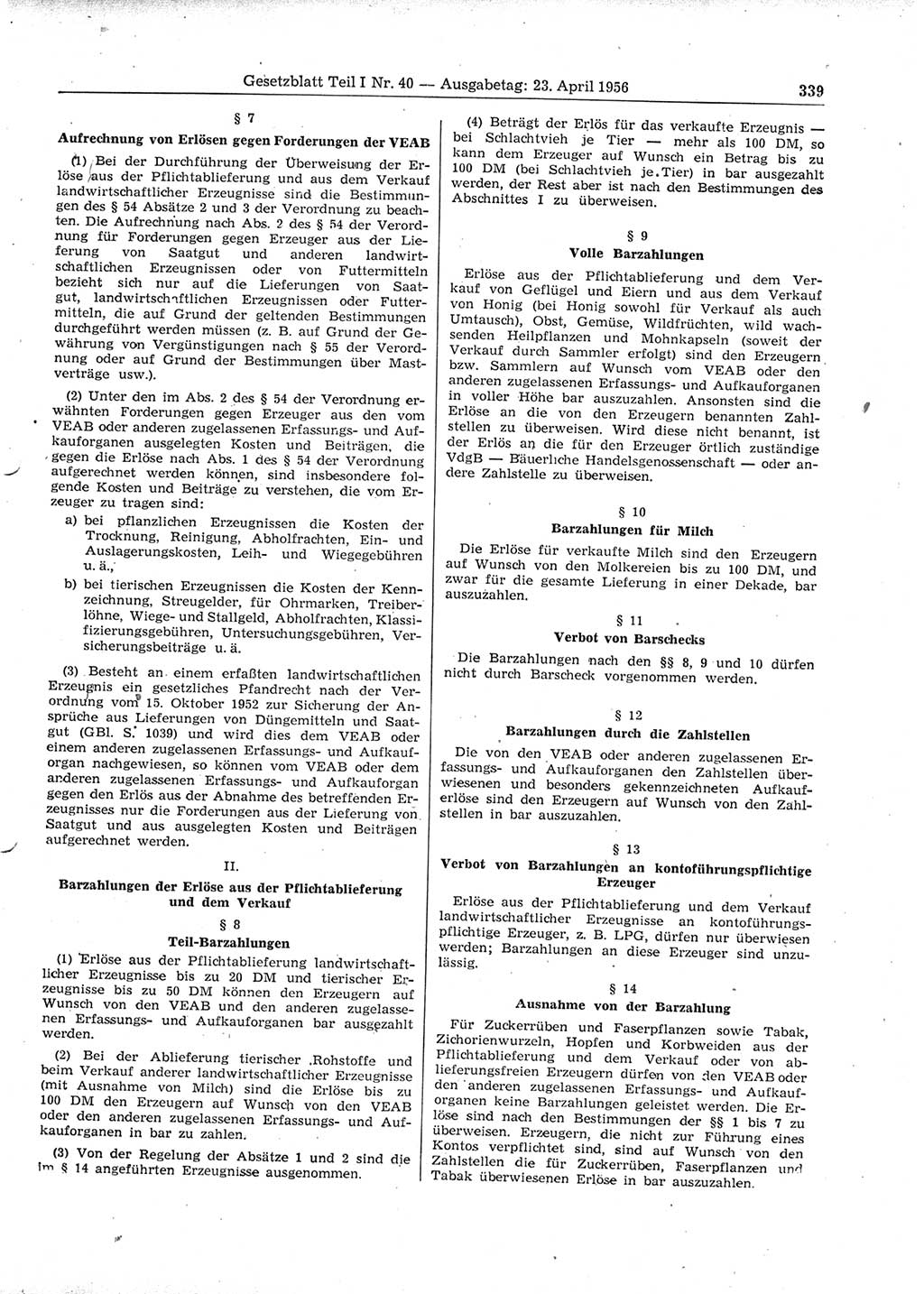 Gesetzblatt (GBl.) der Deutschen Demokratischen Republik (DDR) Teil Ⅰ 1956, Seite 339 (GBl. DDR Ⅰ 1956, S. 339)