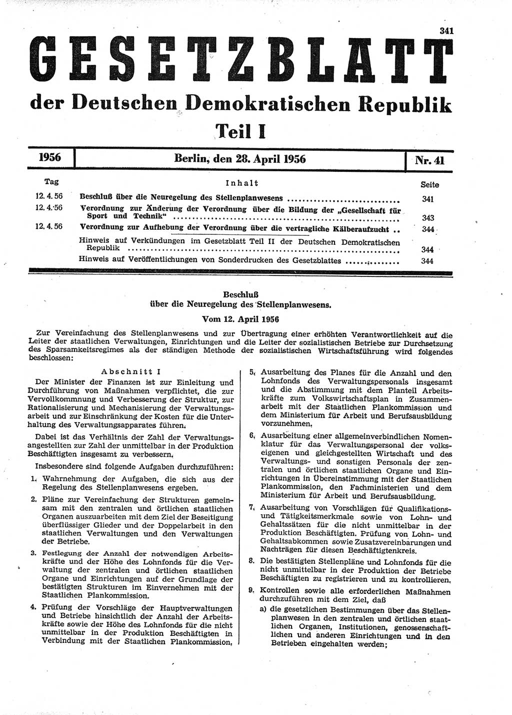 Gesetzblatt (GBl.) der Deutschen Demokratischen Republik (DDR) Teil Ⅰ 1956, Seite 341 (GBl. DDR Ⅰ 1956, S. 341)