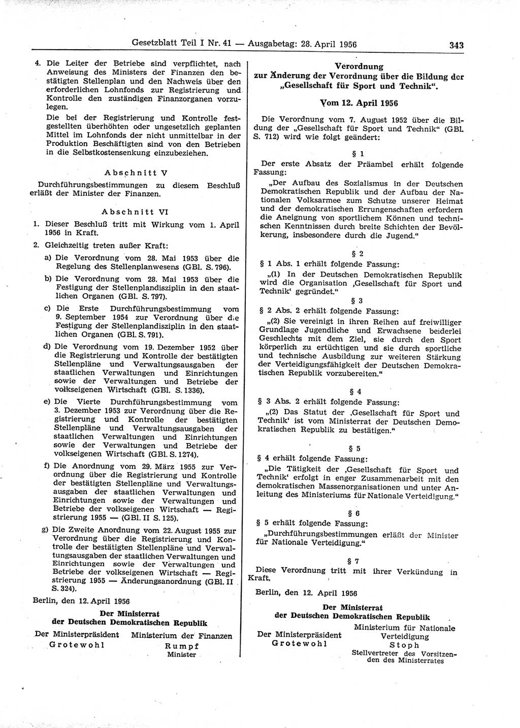 Gesetzblatt (GBl.) der Deutschen Demokratischen Republik (DDR) Teil Ⅰ 1956, Seite 343 (GBl. DDR Ⅰ 1956, S. 343)