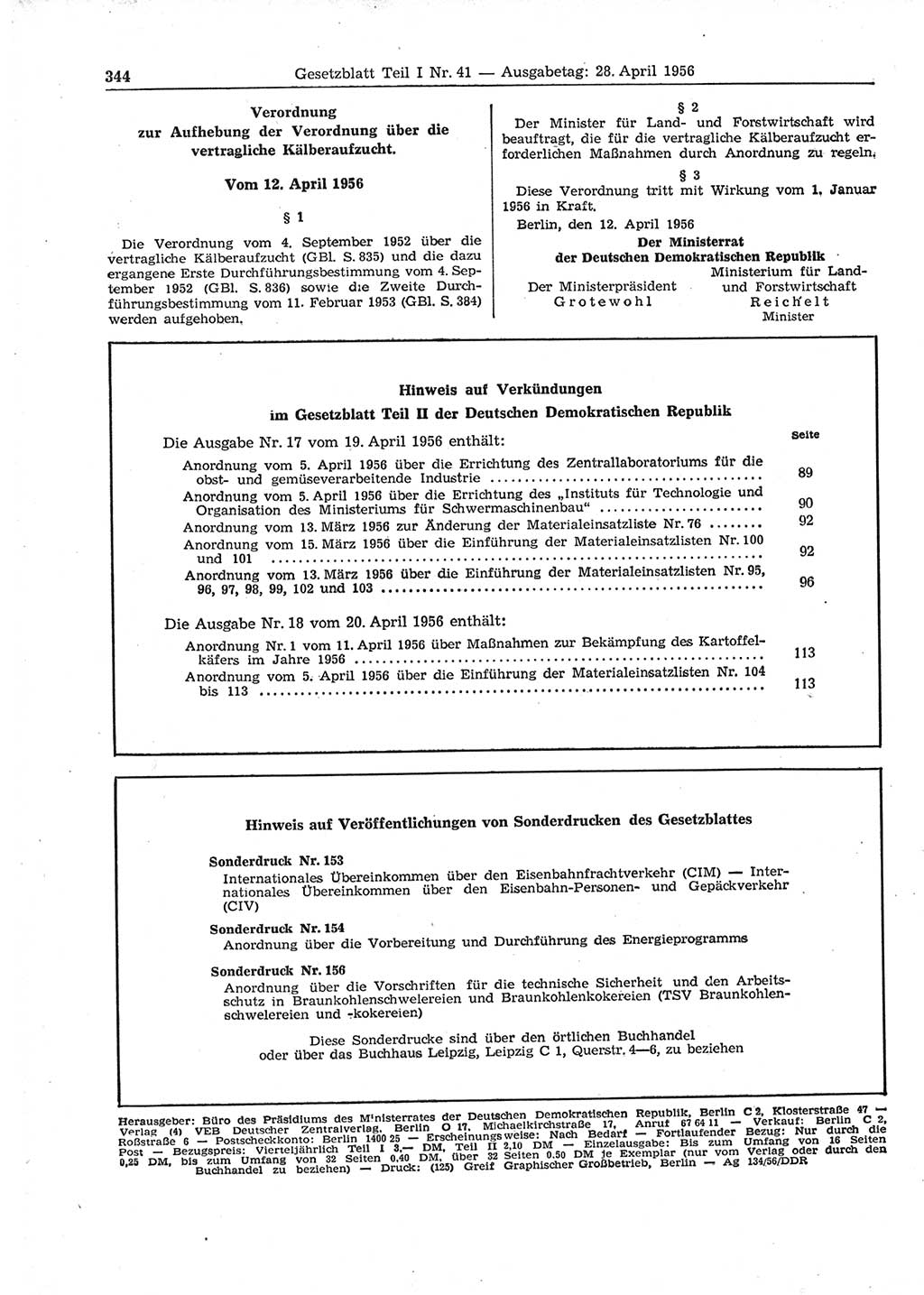 Gesetzblatt (GBl.) der Deutschen Demokratischen Republik (DDR) Teil Ⅰ 1956, Seite 344 (GBl. DDR Ⅰ 1956, S. 344)