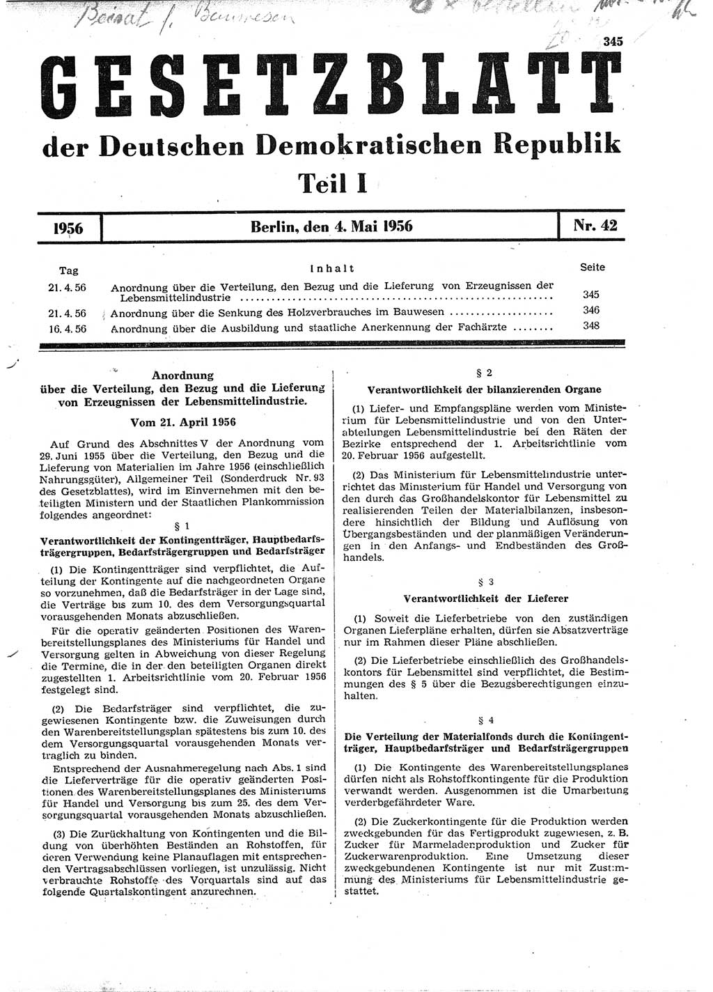 Gesetzblatt (GBl.) der Deutschen Demokratischen Republik (DDR) Teil Ⅰ 1956, Seite 345 (GBl. DDR Ⅰ 1956, S. 345)