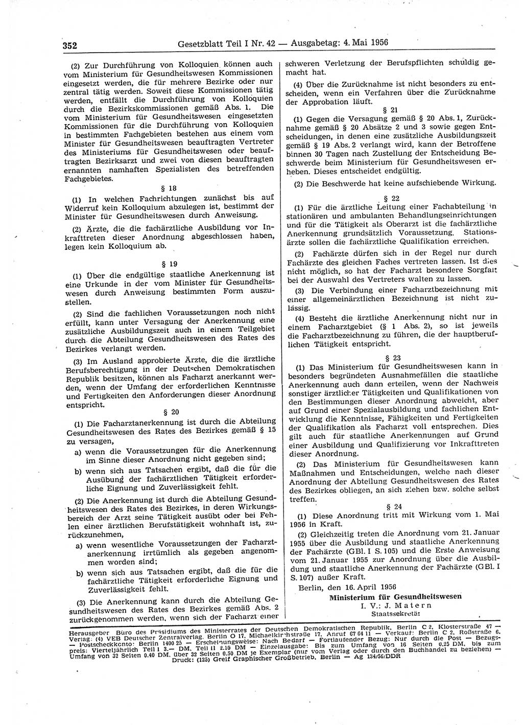 Gesetzblatt (GBl.) der Deutschen Demokratischen Republik (DDR) Teil Ⅰ 1956, Seite 352 (GBl. DDR Ⅰ 1956, S. 352)