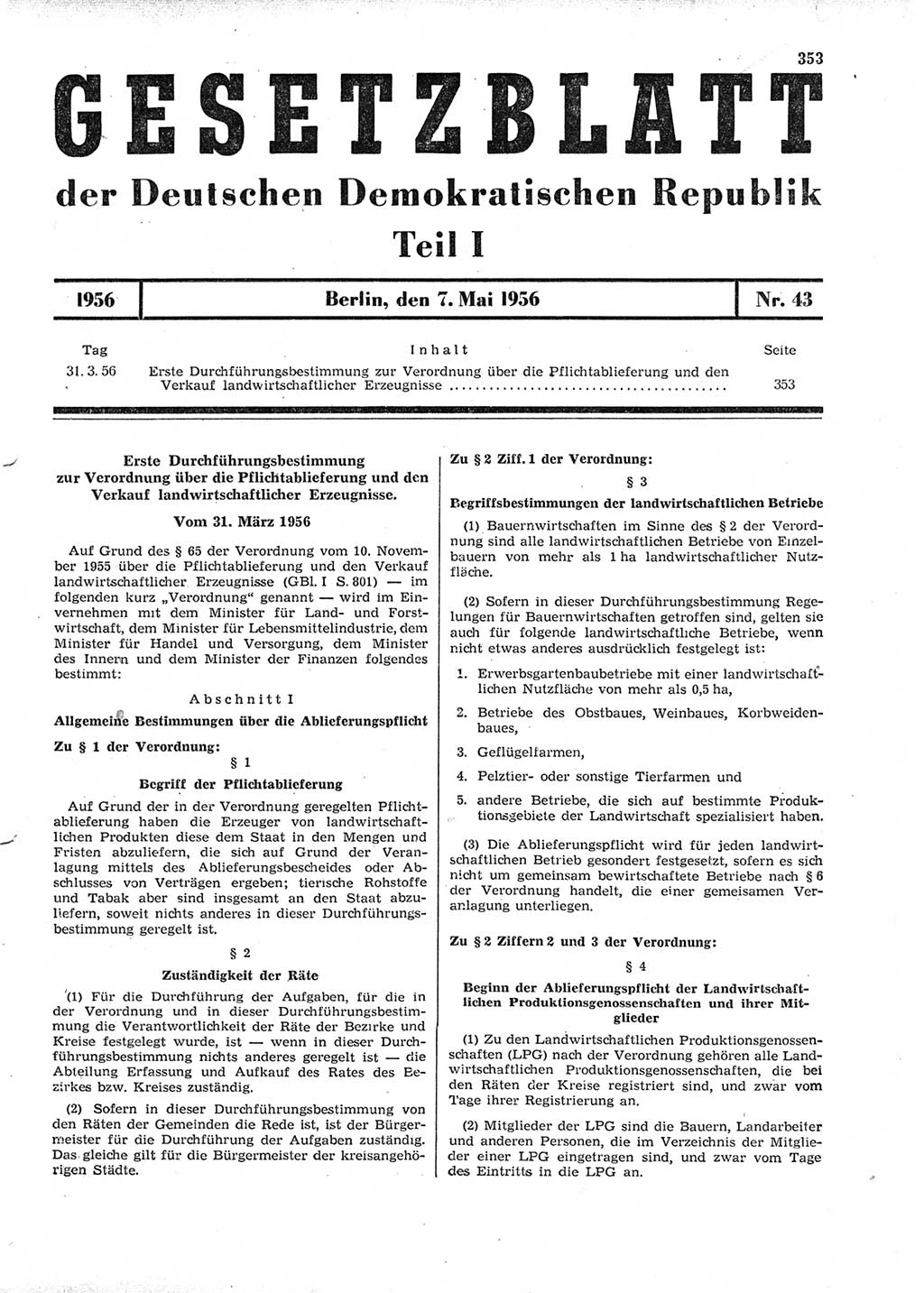 Gesetzblatt (GBl.) der Deutschen Demokratischen Republik (DDR) Teil Ⅰ 1956, Seite 353 (GBl. DDR Ⅰ 1956, S. 353)