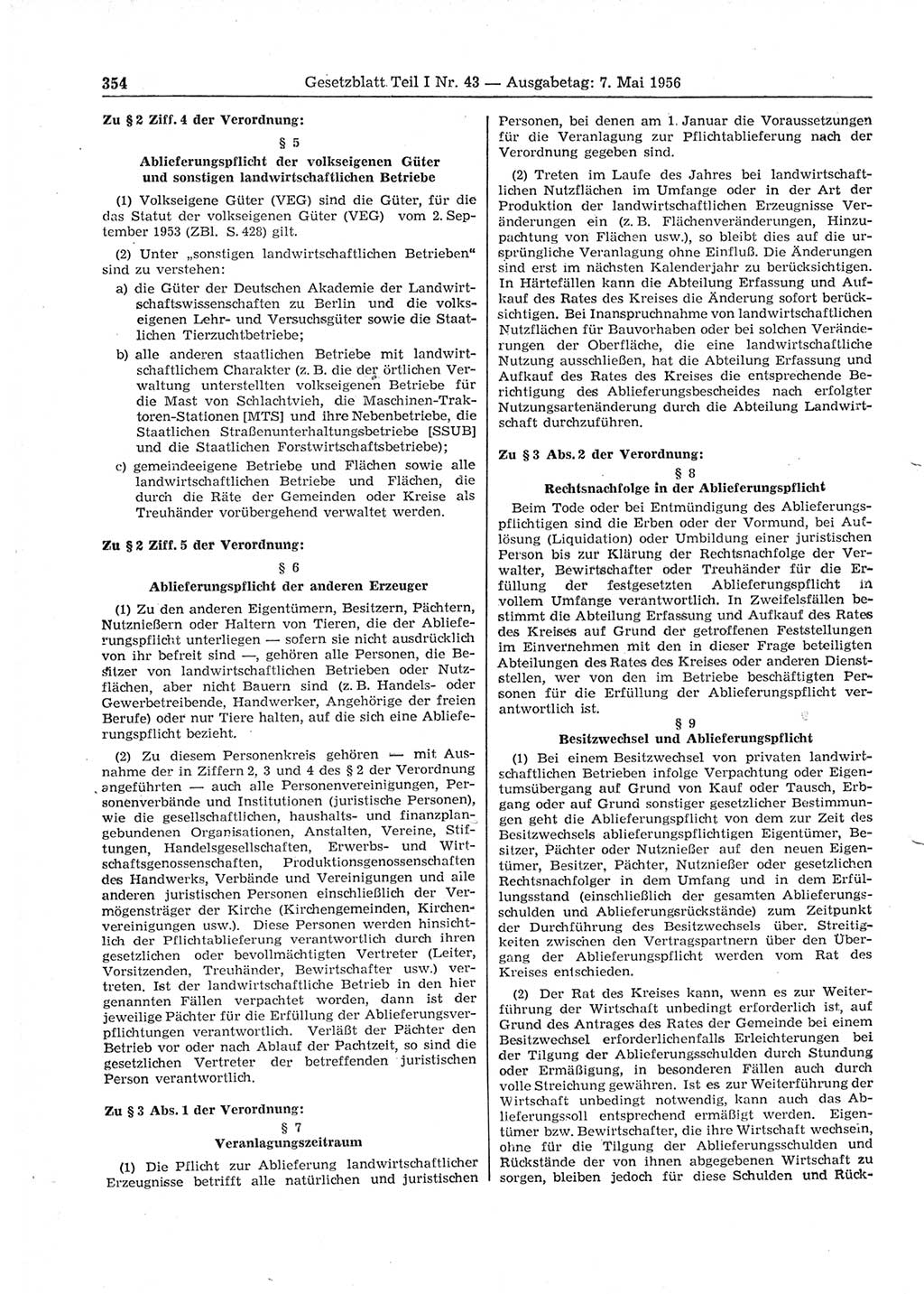Gesetzblatt (GBl.) der Deutschen Demokratischen Republik (DDR) Teil Ⅰ 1956, Seite 354 (GBl. DDR Ⅰ 1956, S. 354)