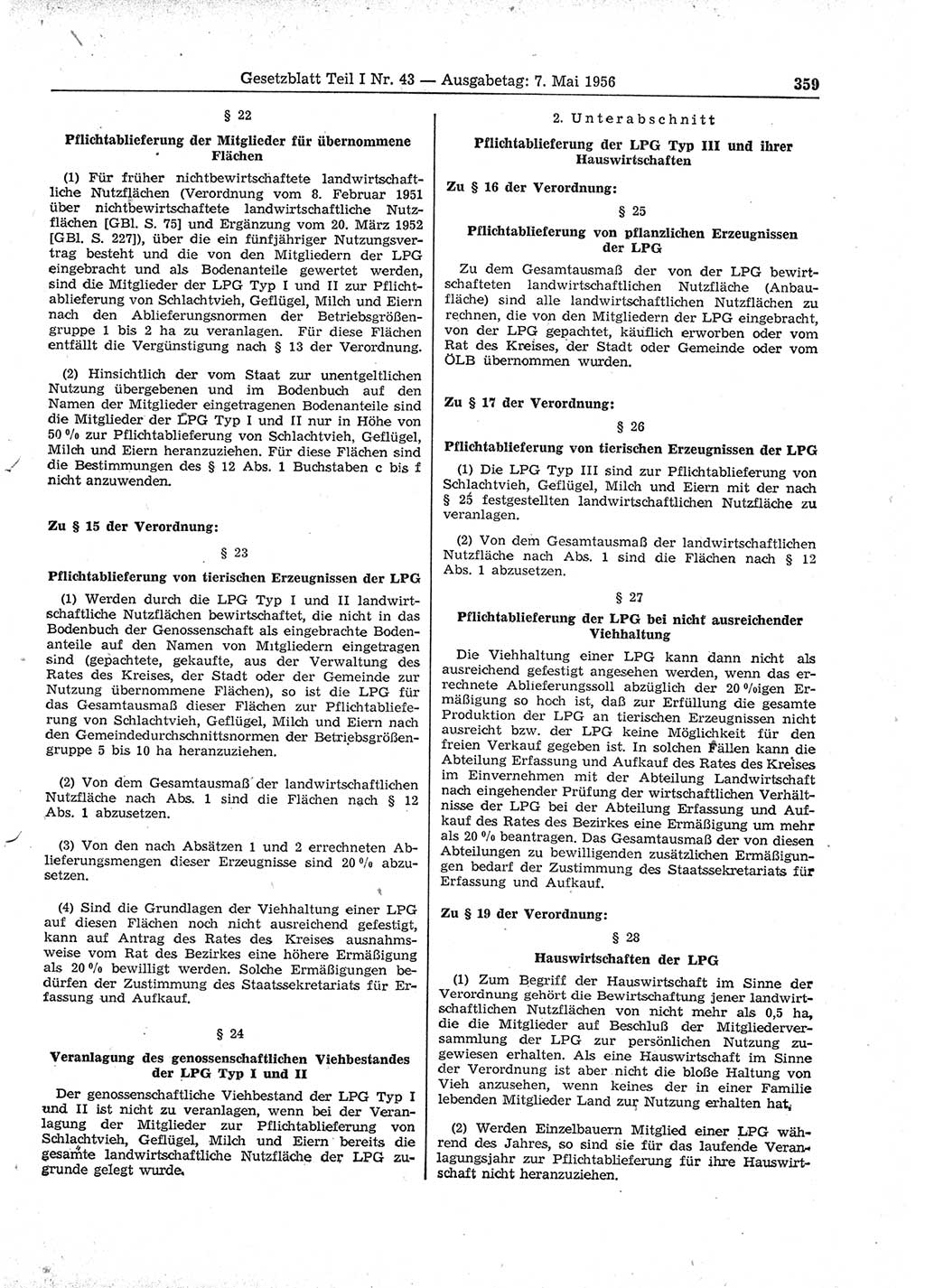 Gesetzblatt (GBl.) der Deutschen Demokratischen Republik (DDR) Teil Ⅰ 1956, Seite 359 (GBl. DDR Ⅰ 1956, S. 359)