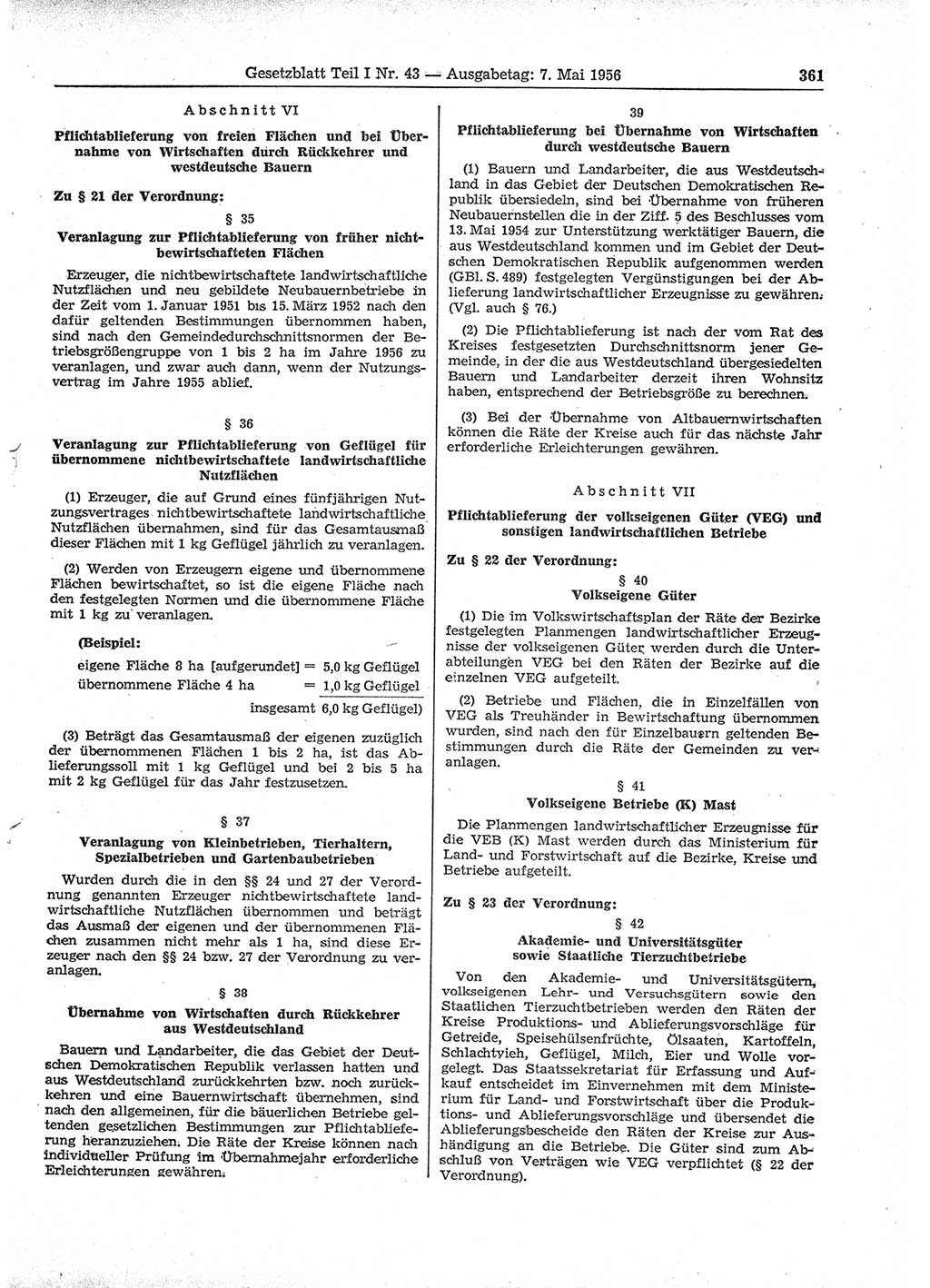 Gesetzblatt (GBl.) der Deutschen Demokratischen Republik (DDR) Teil Ⅰ 1956, Seite 361 (GBl. DDR Ⅰ 1956, S. 361)