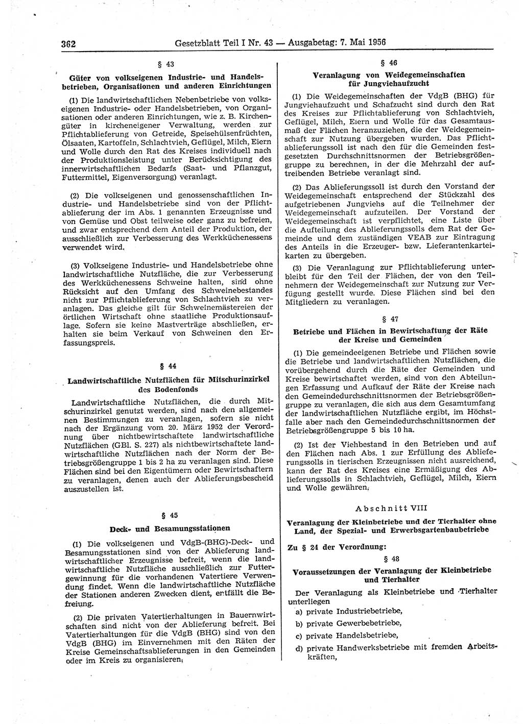 Gesetzblatt (GBl.) der Deutschen Demokratischen Republik (DDR) Teil Ⅰ 1956, Seite 362 (GBl. DDR Ⅰ 1956, S. 362)