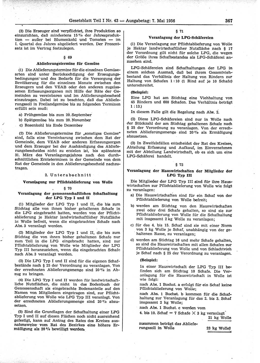 Gesetzblatt (GBl.) der Deutschen Demokratischen Republik (DDR) Teil Ⅰ 1956, Seite 367 (GBl. DDR Ⅰ 1956, S. 367)