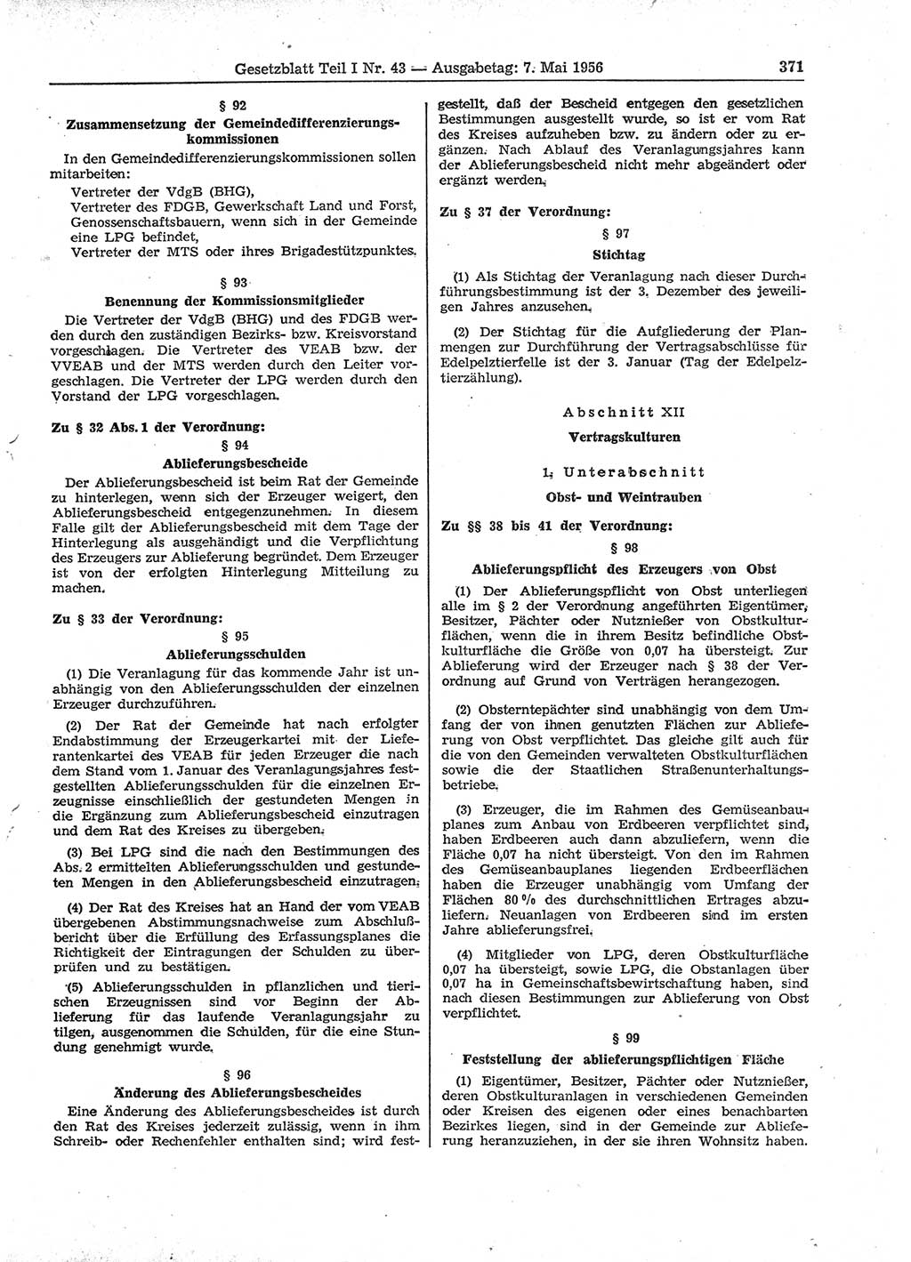 Gesetzblatt (GBl.) der Deutschen Demokratischen Republik (DDR) Teil Ⅰ 1956, Seite 371 (GBl. DDR Ⅰ 1956, S. 371)